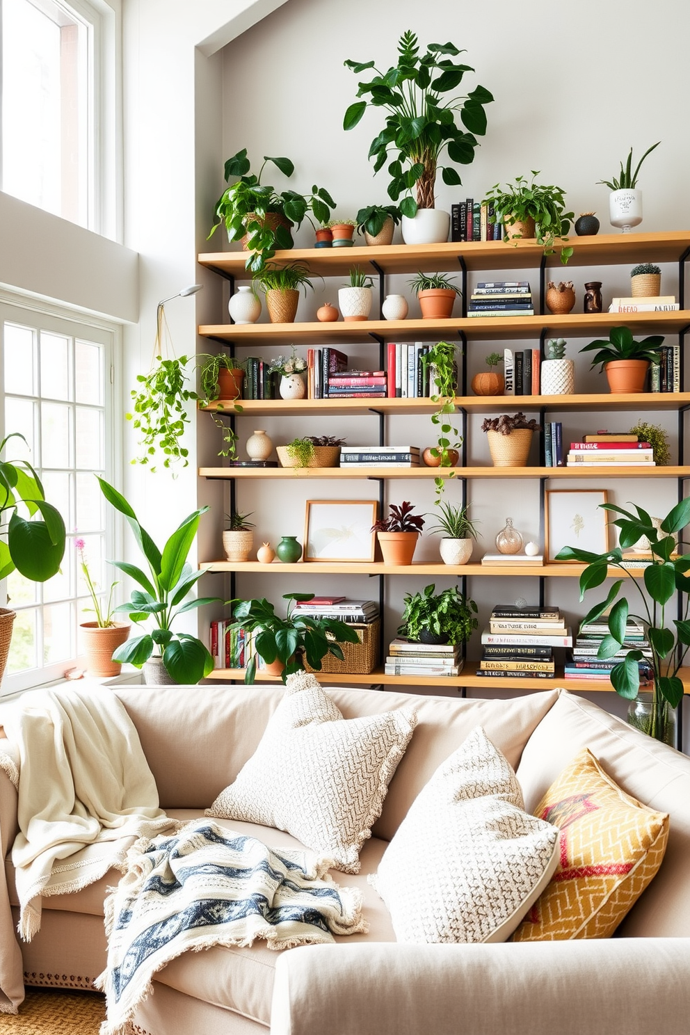 A bright and airy summer loft features open shelving adorned with an eclectic mix of plants, books, and decorative objects. The walls are painted in a soft white, and large windows allow natural light to flood the space, enhancing the vibrant colors of the decor. The open shelving serves as a focal point in the living area, showcasing curated items that reflect a relaxed summer vibe. Cozy textiles, such as light linen throws and patterned cushions, are strategically placed on a plush sofa to invite comfort and relaxation.