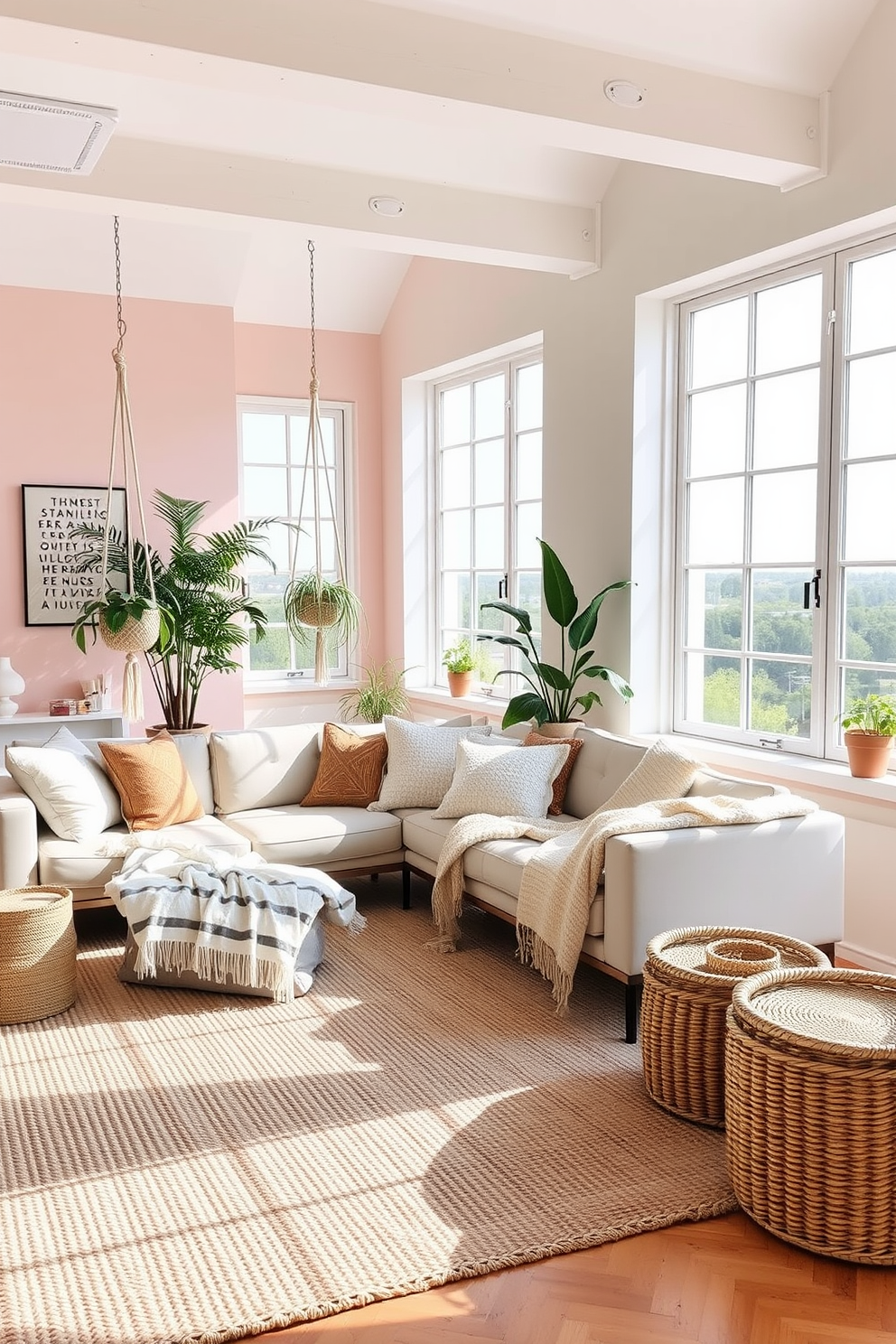 A bright and airy summer loft featuring large windows that allow natural light to flood the space. The walls are adorned with soft pastel colors, and a plush woven rug anchors the seating area. A cozy seating arrangement includes a mix of textured cushions and a lightweight throw blanket draped over a modern sofa. Hanging plants in macramé holders add a touch of greenery, while woven baskets are used for stylish storage.