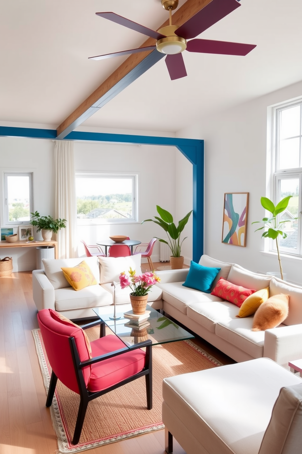 A bright and airy summer loft is designed with lightweight furniture that allows for easy rearrangement and flexibility. The space features a comfortable sectional sofa in a light fabric, paired with a sleek glass coffee table and colorful accent chairs to create a vibrant atmosphere.