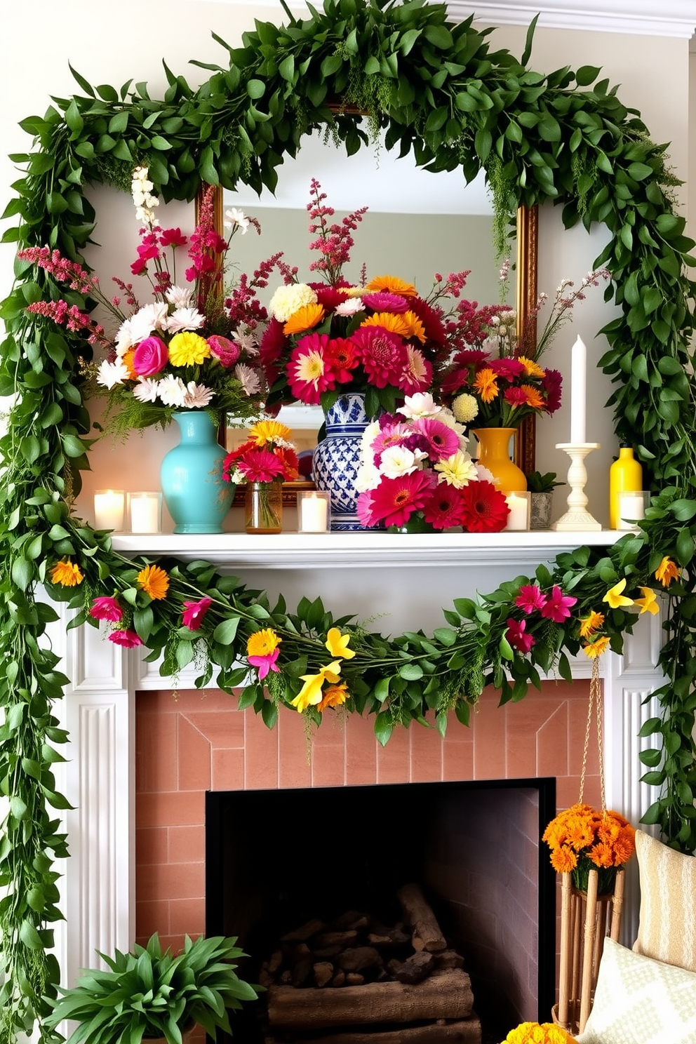 A summer mantel adorned with fresh greenery and vibrant florals creates a lively focal point in the room. Lush green garlands drape gracefully across the mantel, complemented by colorful flower arrangements in various heights. Brightly colored vases filled with seasonal blooms add pops of color, enhancing the cheerful atmosphere. Soft white candles interspersed among the greenery provide a warm glow, inviting relaxation and joy into the space.