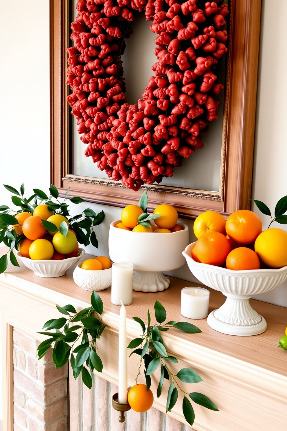 A vibrant summer mantel decorated with an assortment of citrus fruits displayed in decorative bowls. The mantel features a light wooden finish, complemented by fresh greenery and a few minimalist candles for an inviting touch.