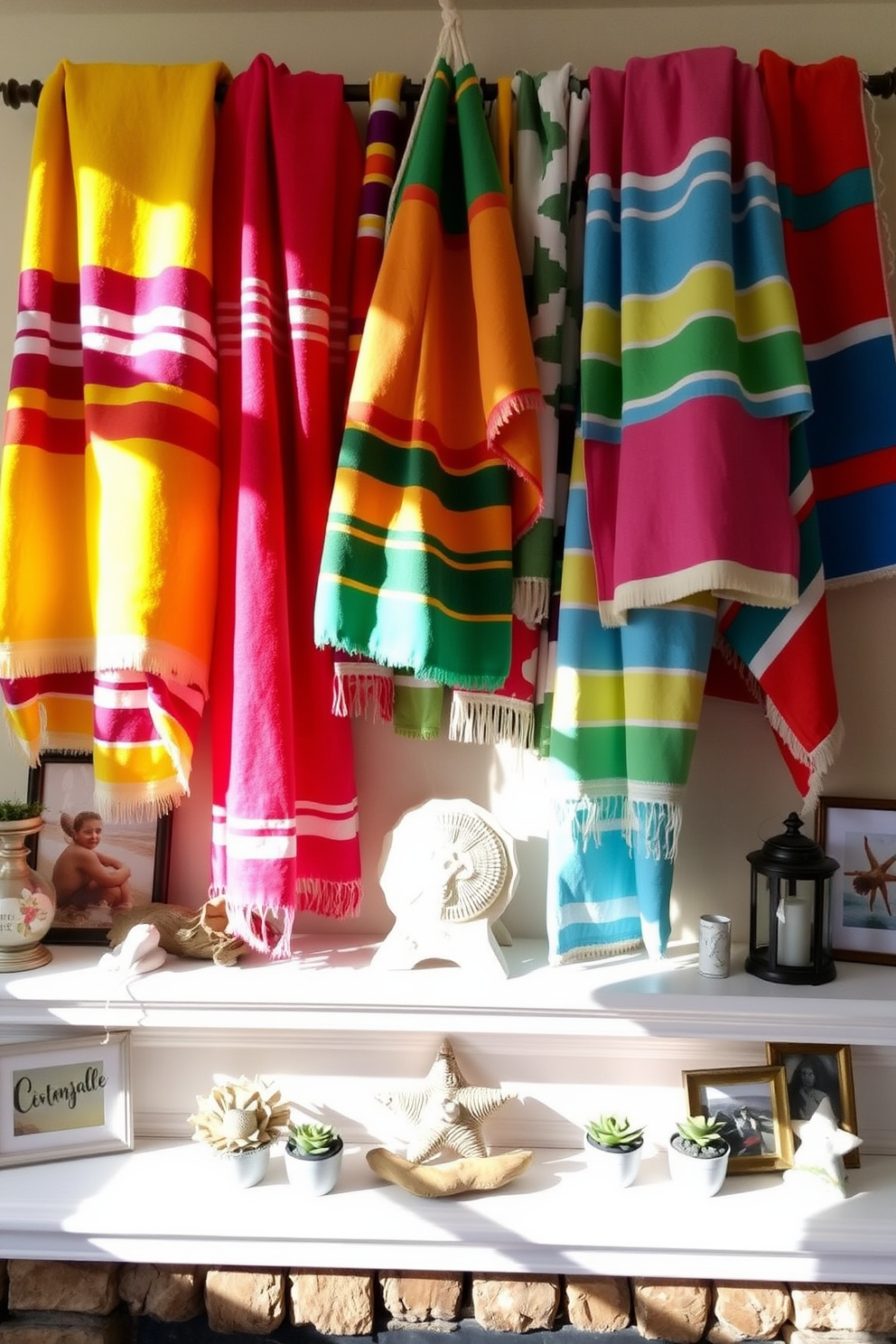 A collection of vintage beach towels is draped elegantly across a sunlit mantel, creating a vibrant and nostalgic backdrop. The towels feature bright colors and playful patterns, evoking a sense of summer fun and relaxation. On the mantel, a mix of seashells, driftwood, and small potted succulents add a natural touch to the decor. A few framed beach photographs and a decorative lantern complete the look, enhancing the coastal vibe.