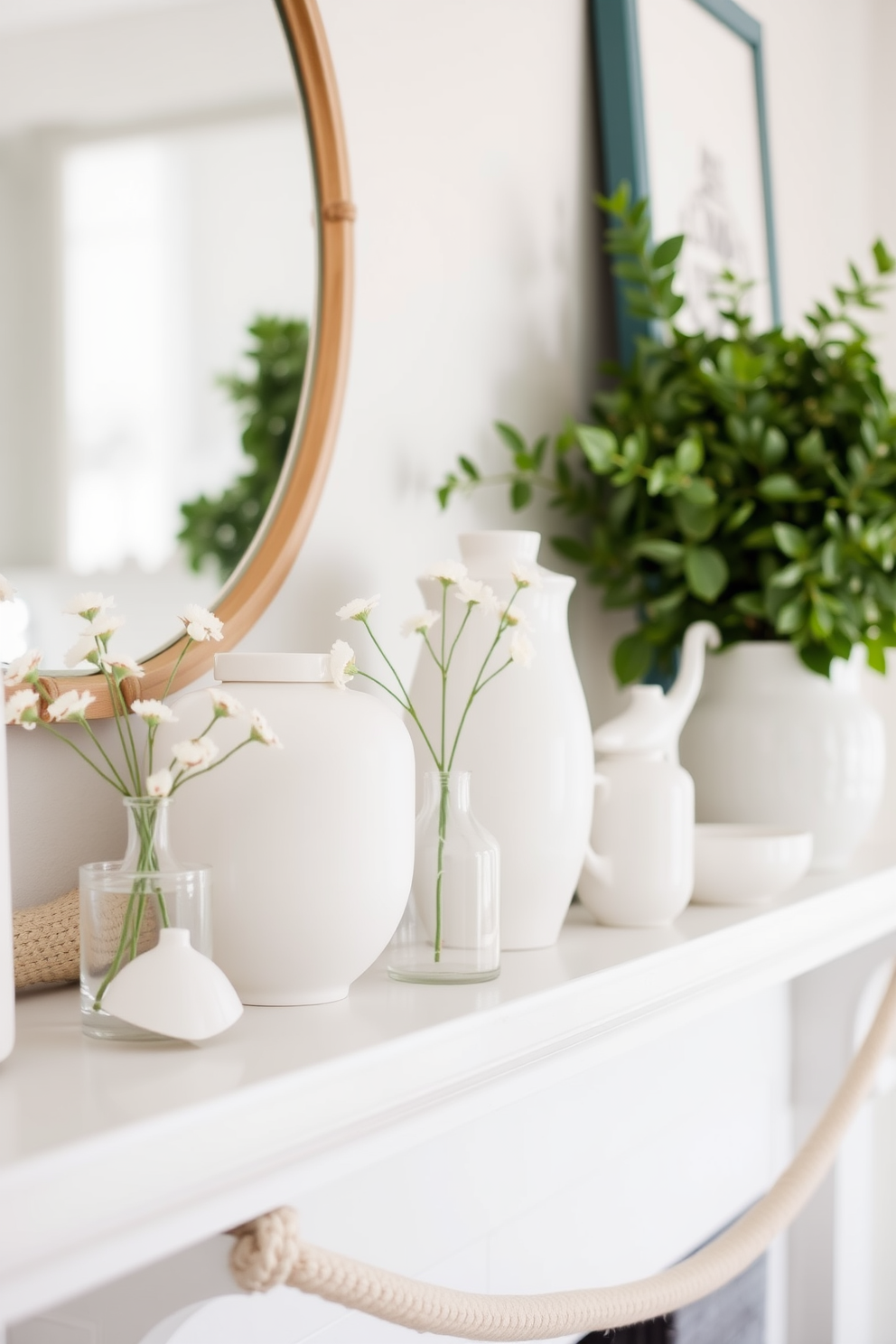 A summer mantel adorned with simple white ceramics creates a fresh and inviting atmosphere. The clean lines and minimalist design of the ceramics allow for a serene focal point that complements seasonal decor. Incorporate delicate flowers in small vases alongside the ceramics to add a touch of color. Layering textures with soft linens or natural elements enhances the overall aesthetic while maintaining a light and airy feel.