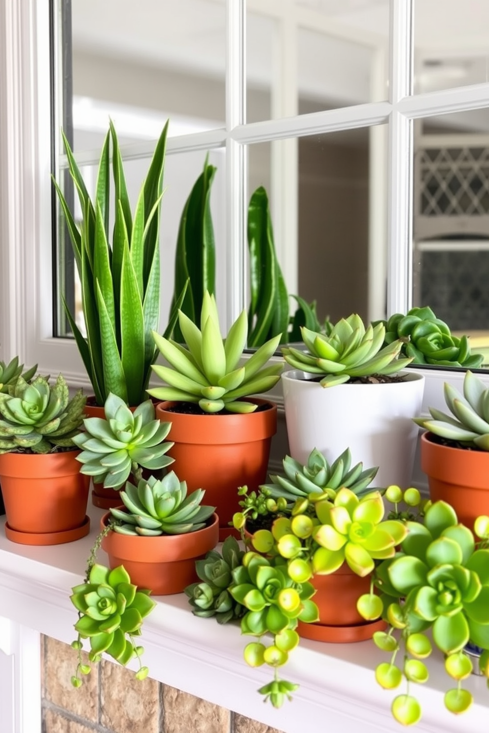 A charming summer mantel decorated with an array of succulents in terracotta pots. The vibrant green of the plants contrasts beautifully with the warm earthy tones of the pots, creating a refreshing and inviting focal point.