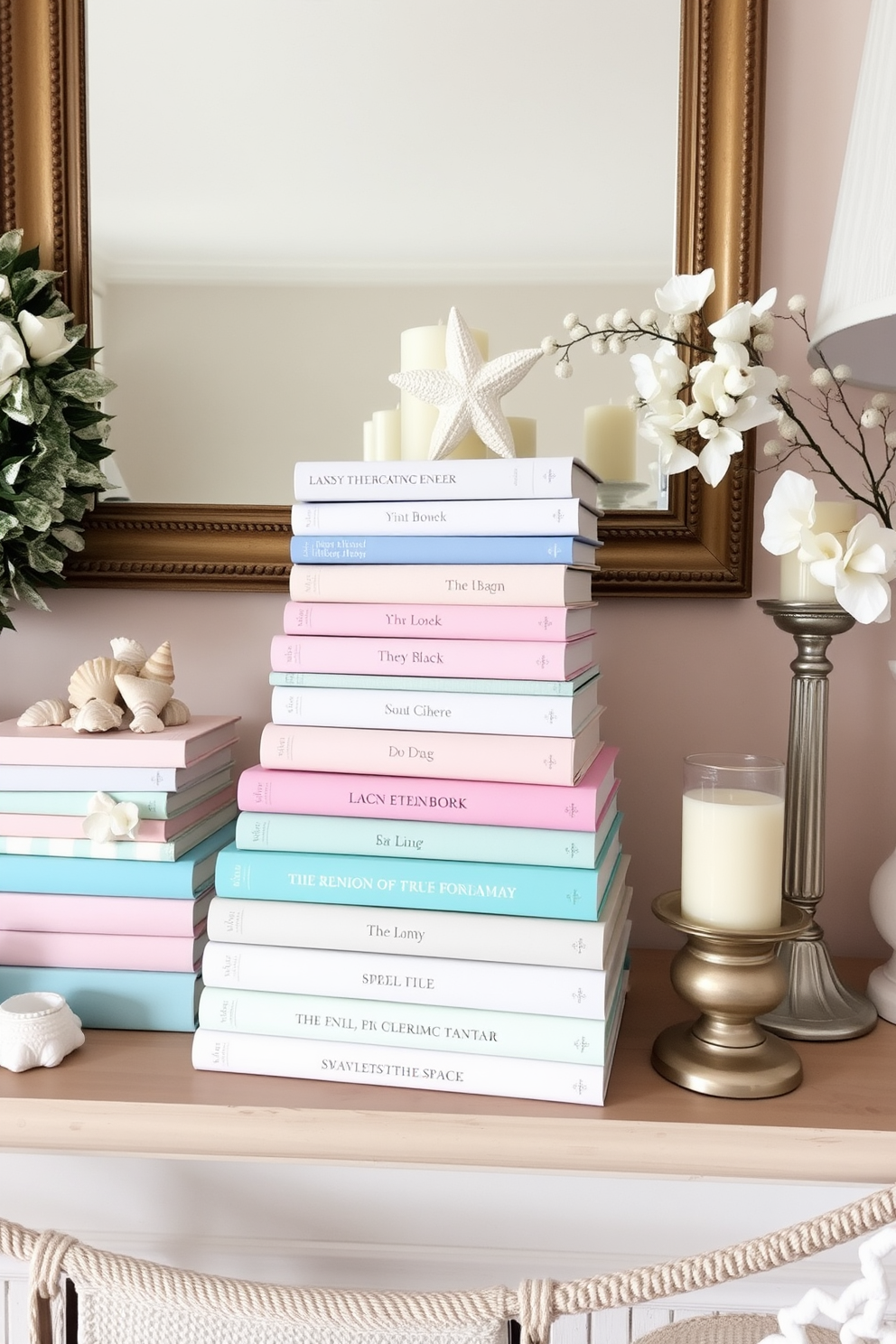 A charming mantel decorated for summer with pastel-colored books stacked artfully. The arrangement includes decorative objects like seashells and candles, creating a light and airy atmosphere.