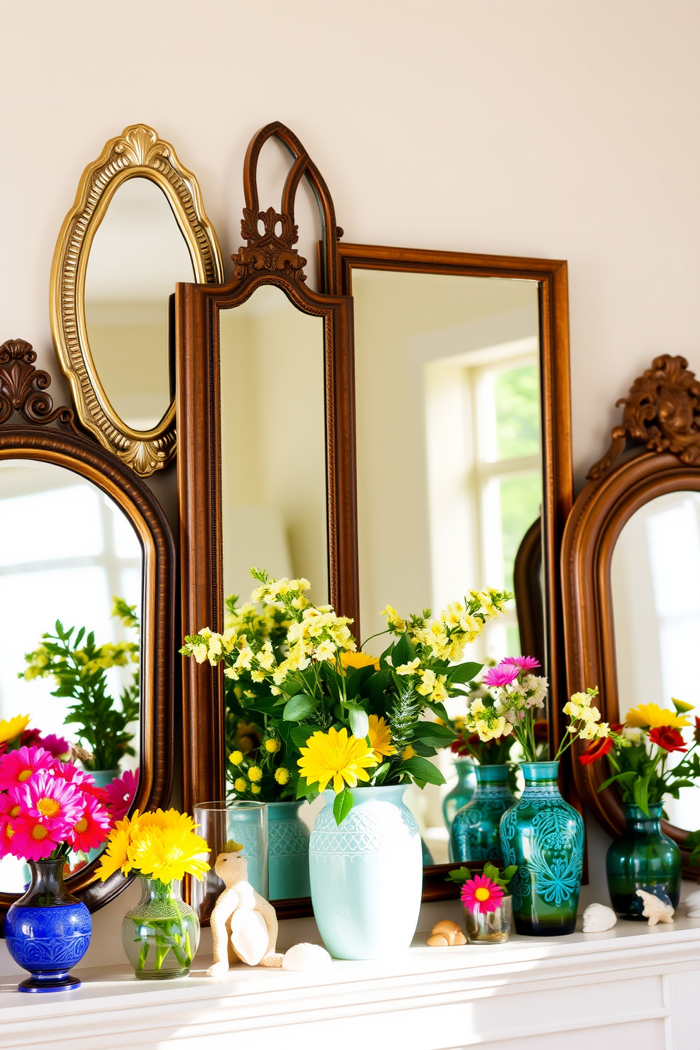 A collection of decorative mirrors arranged on a bright summer mantel. Each mirror varies in shape and size to create an eclectic yet harmonious display that reflects natural light beautifully. The mantel is adorned with vibrant summer decorations, including fresh flowers in colorful vases and seasonal accents like seashells and small potted plants. Soft, warm lighting enhances the inviting atmosphere, making it the perfect focal point for summer gatherings.