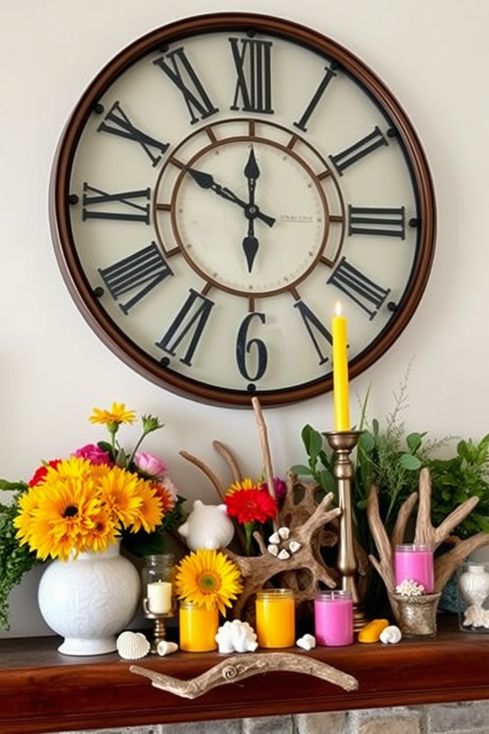 A large statement piece like a clock is positioned above the mantel, drawing attention with its intricate design and bold colors. The mantel is adorned with seasonal summer decorations, including vibrant flowers, seashells, and a collection of colorful candles to create a cheerful atmosphere. For a fresh summer look, incorporate natural elements such as driftwood and greenery alongside the clock. This combination enhances the space while providing a stylish and inviting focal point.