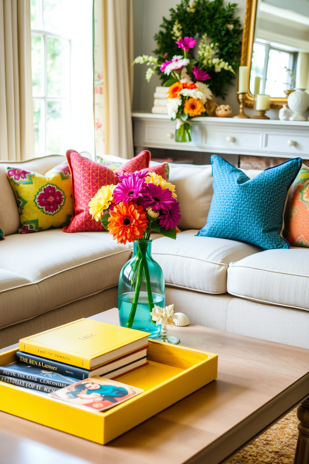 Colorful throw pillows are arranged on a plush sofa, featuring vibrant patterns and textures that add warmth to the space. Nearby, a stylish coffee table holds a stack of art books and a decorative tray, creating an inviting atmosphere. The summer mantel is adorned with fresh flowers in a bright vase, complemented by seasonal decor such as seashells and candles. Soft, natural light streams in, highlighting the cheerful colors and creating a welcoming focal point in the room.