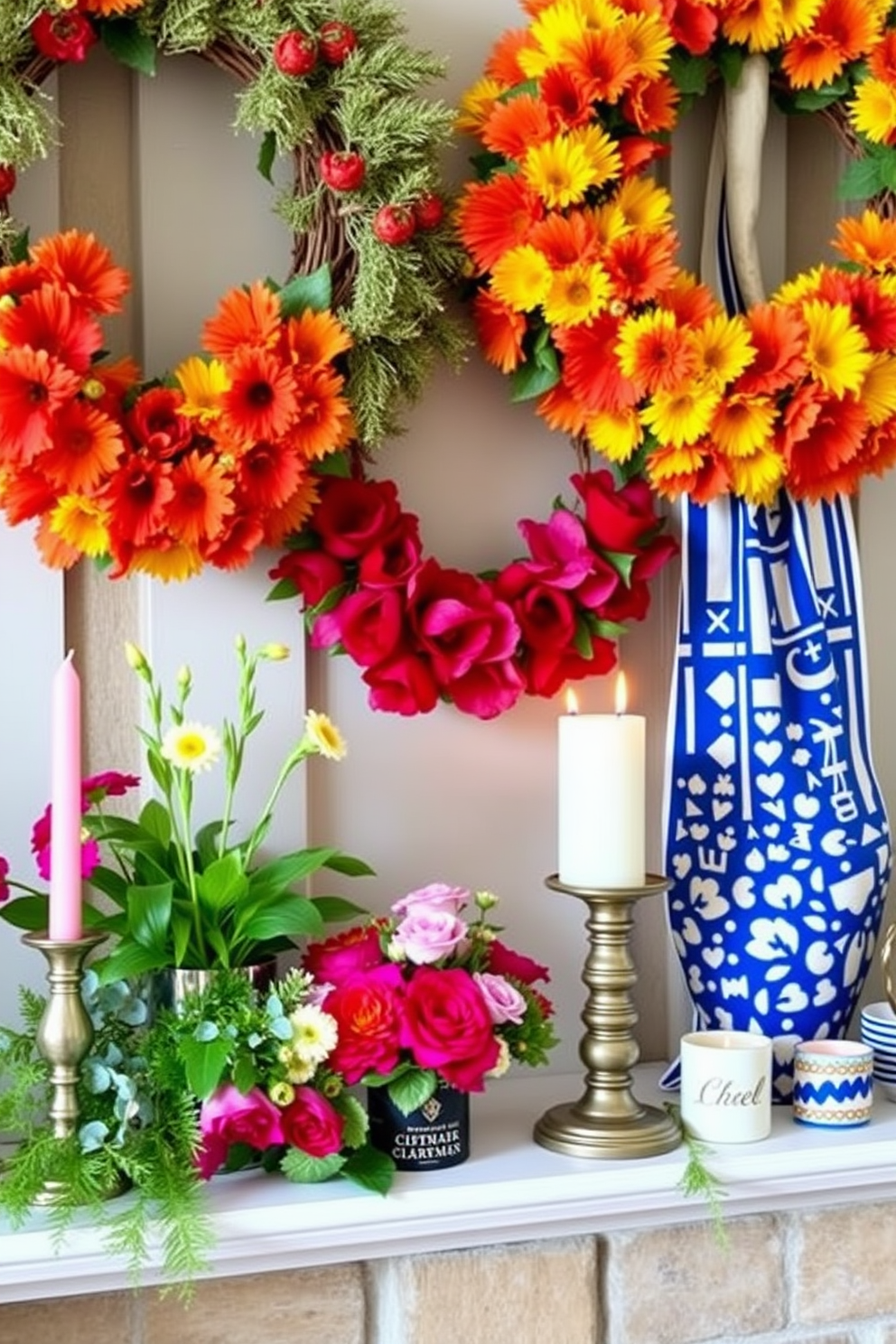 Create a summer mantel display featuring seasonal wreaths adorned with vibrant colors. Incorporate fresh flowers and greenery to enhance the lively atmosphere, and add decorative candles for a warm touch.