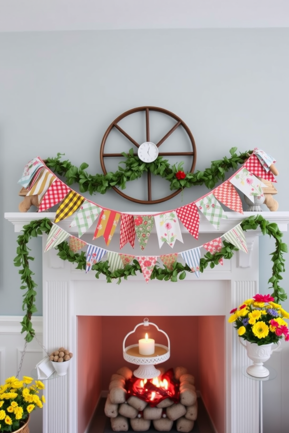 A whimsical summer mantel adorned with vibrant fabric bunting and garlands. The bunting features a mix of floral and striped patterns, creating a cheerful atmosphere that complements seasonal decorations.