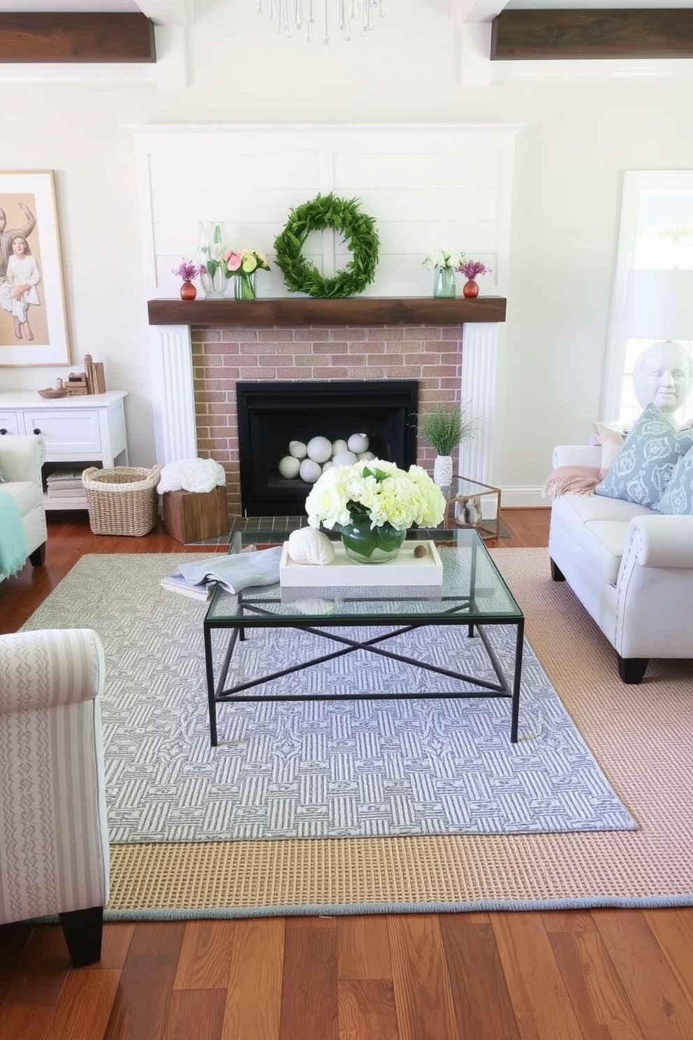 Layered rugs create a cozy and inviting atmosphere in a living room. The base rug is a large neutral tone while a smaller patterned rug sits on top, adding texture and visual interest. For summer mantel decorating, incorporate light and airy elements. Use a mix of fresh flowers, seashells, and soft colors to create a relaxed and cheerful display.