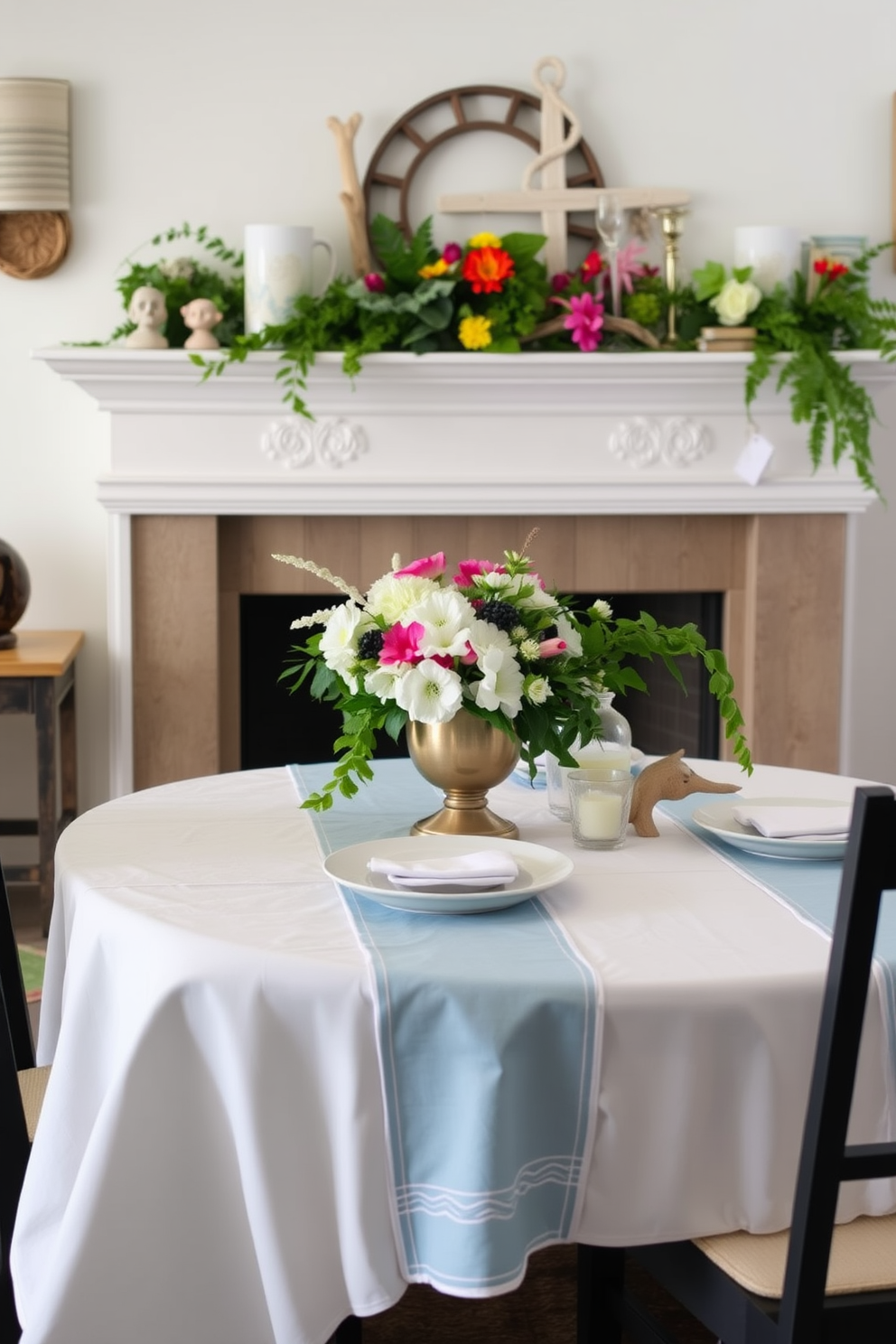 A coastal-inspired dining table adorned with soft blue and white table runners that flow gracefully over the edges. The runners feature subtle patterns of seashells and waves, enhancing the beachy ambiance of the setting. For summer mantel decorating, vibrant greenery and colorful floral arrangements are artfully placed on the mantelpiece. Accents of driftwood and nautical elements are incorporated to create a fresh and inviting seasonal display.