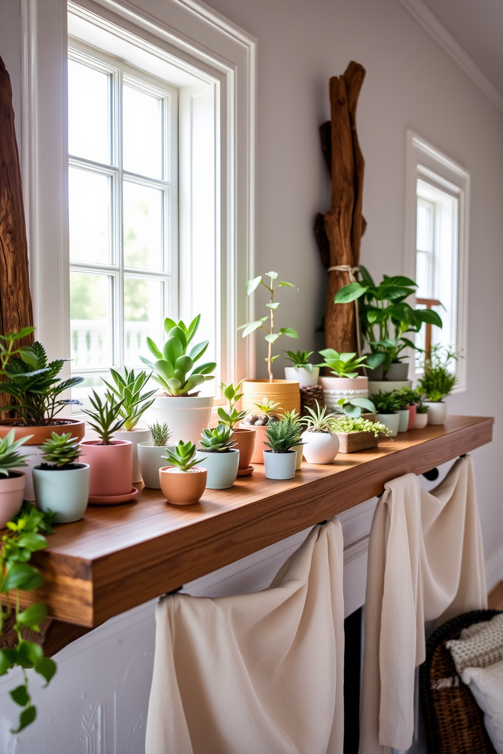 A summer mantel decorated with an array of miniature potted plants brings a vibrant and fresh touch to the space. The plants are varied in size and type, arranged in a harmonious layout that enhances the natural light streaming in from nearby windows. Delicate ceramic pots in pastel colors sit alongside rustic wooden accents, creating a balance between modern and traditional styles. Soft, flowing fabrics like linen or cotton drape gracefully from the mantel, complementing the greenery and adding texture to the overall design.