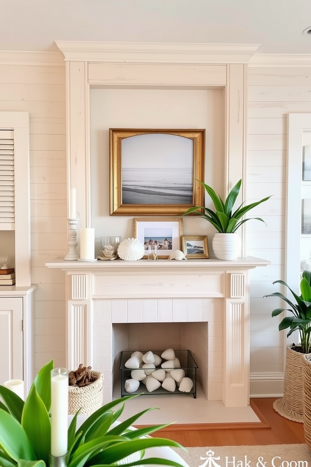 Light wood accents create a breezy atmosphere in the living room. The mantel is adorned with sun-kissed seashells and vibrant green plants, complemented by soft white candles for a fresh summer vibe. A collection of framed beach photographs adds a personal touch to the decor. The overall color palette features soft blues and sandy tones, enhancing the light and airy feel of the space.