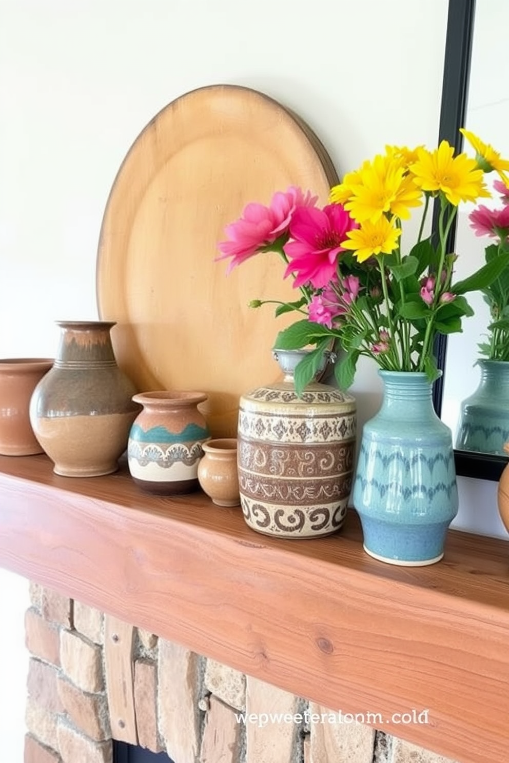 Artisan pottery displayed on a rustic wooden mantel creates a unique character in the living space. The earthy tones and varied textures of the pottery complement seasonal decor, adding warmth and personality to the room. For summer mantel decorating, incorporate vibrant flowers in handcrafted vases alongside the pottery. Brightly colored accents and natural elements bring a refreshing and lively atmosphere to the mantel.