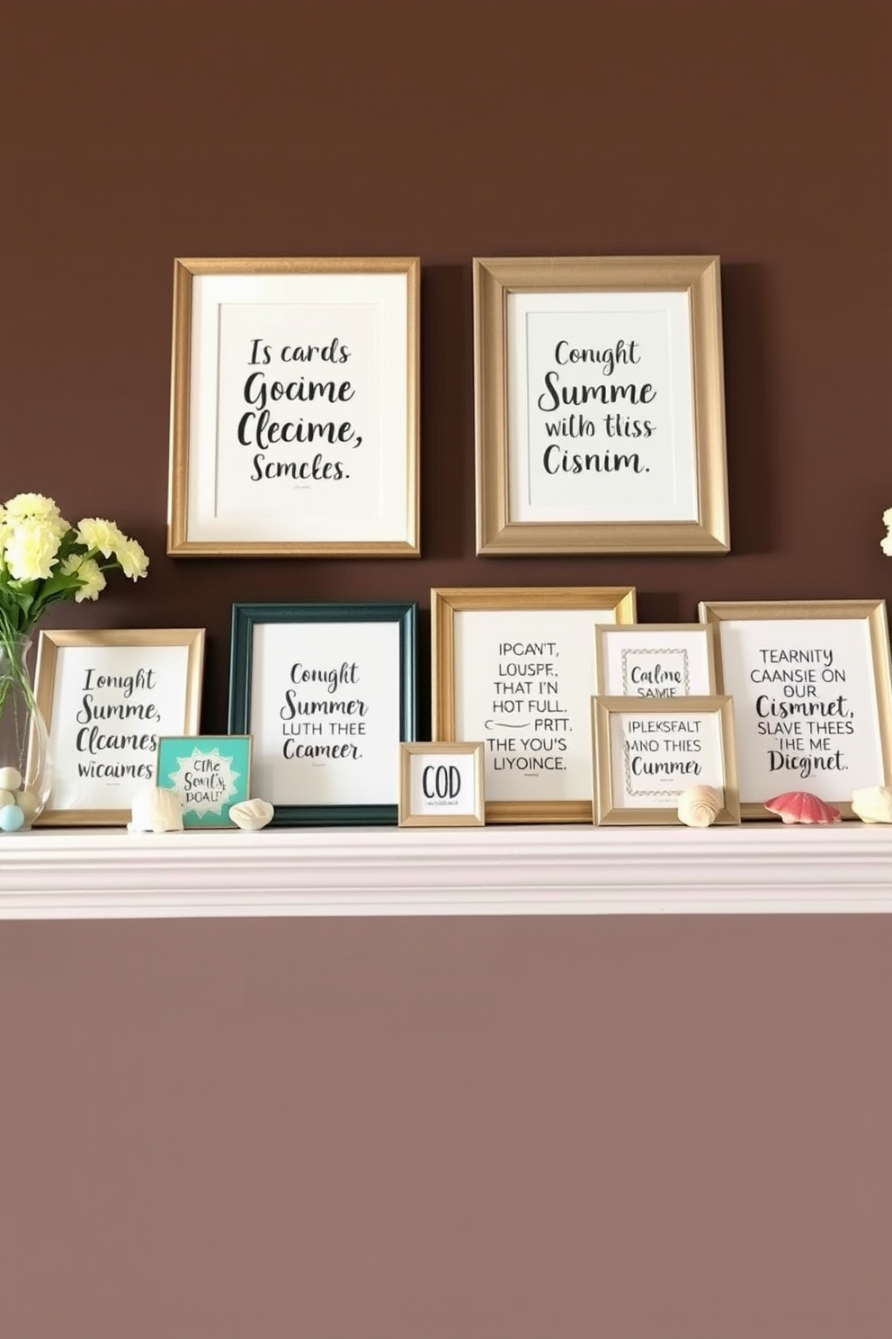 Create a cozy summer-themed mantel display featuring stylish quotes in elegant frames. Incorporate vibrant colors and seasonal decorations like seashells and fresh flowers for a cheerful atmosphere. Design a collection of summer-themed quotes printed on chic frames arranged symmetrically on the mantel. Use a mix of typography styles to add visual interest while maintaining a cohesive look.