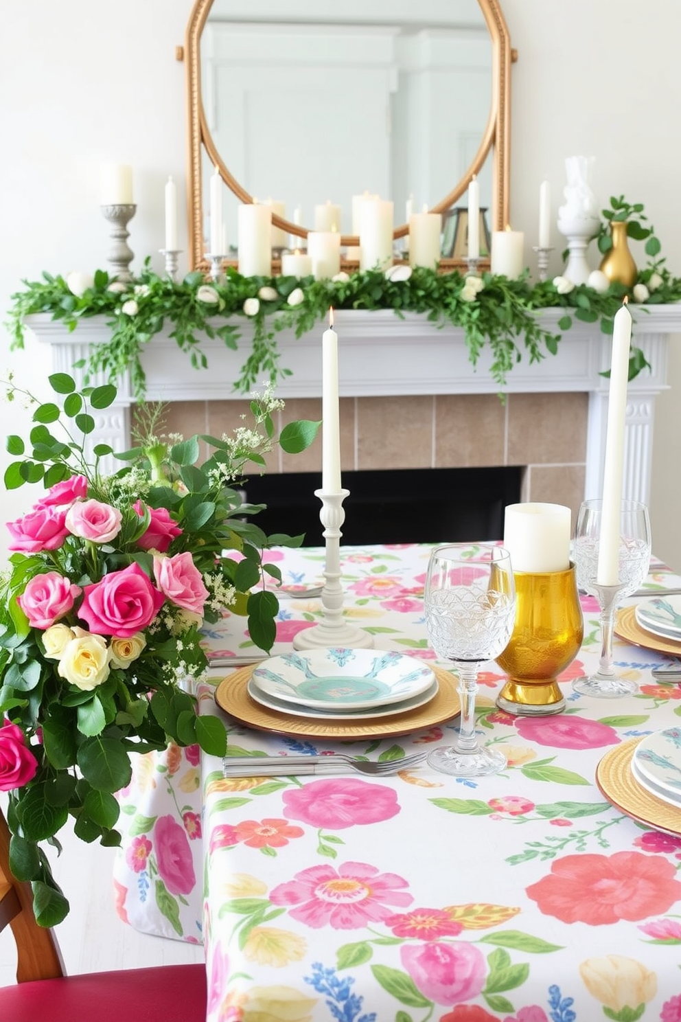 Bright table settings for entertaining. The table is adorned with a vibrant tablecloth featuring floral patterns, complemented by colorful dinnerware and sparkling glassware. Summer Mantel Decorating Ideas. The mantel is decorated with a mix of seashells, candles, and fresh greenery, creating a light and airy atmosphere perfect for the season.