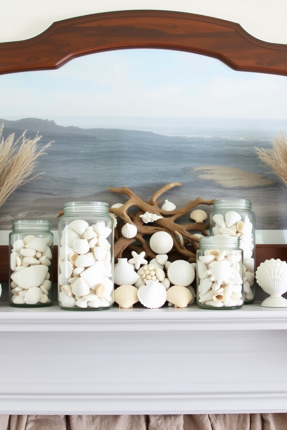 A summer mantel adorned with seashells and beach-themed accents creates a refreshing coastal atmosphere. The mantel features a collection of various seashells arranged in glass jars, complemented by a driftwood centerpiece and soft, ocean-inspired colors.