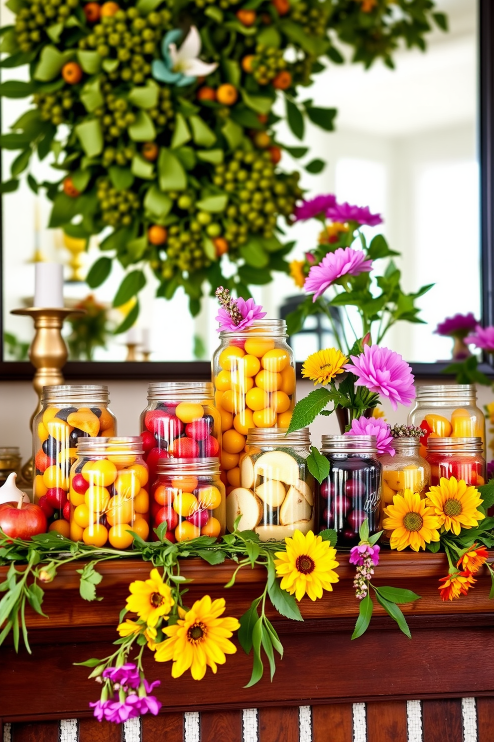 A vibrant summer mantel adorned with clear jars filled with an assortment of seasonal fruits. The jars are arranged artfully along the mantel, complemented by fresh greenery and bright floral accents.