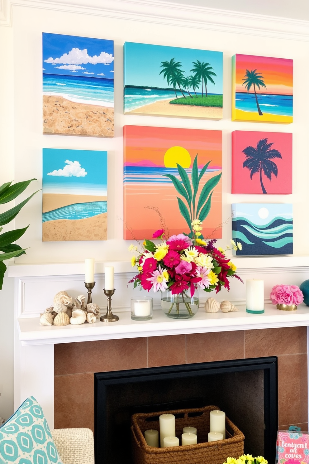 Colorful art pieces for summer vibes. Brightly colored canvases featuring tropical landscapes and abstract designs are arranged in a gallery wall style, creating a cheerful focal point in the living room. Summer Mantel Decorating Ideas. The mantel is adorned with a mix of seashells, vibrant floral arrangements, and candles in pastel hues, evoking a light and breezy atmosphere perfect for the season.