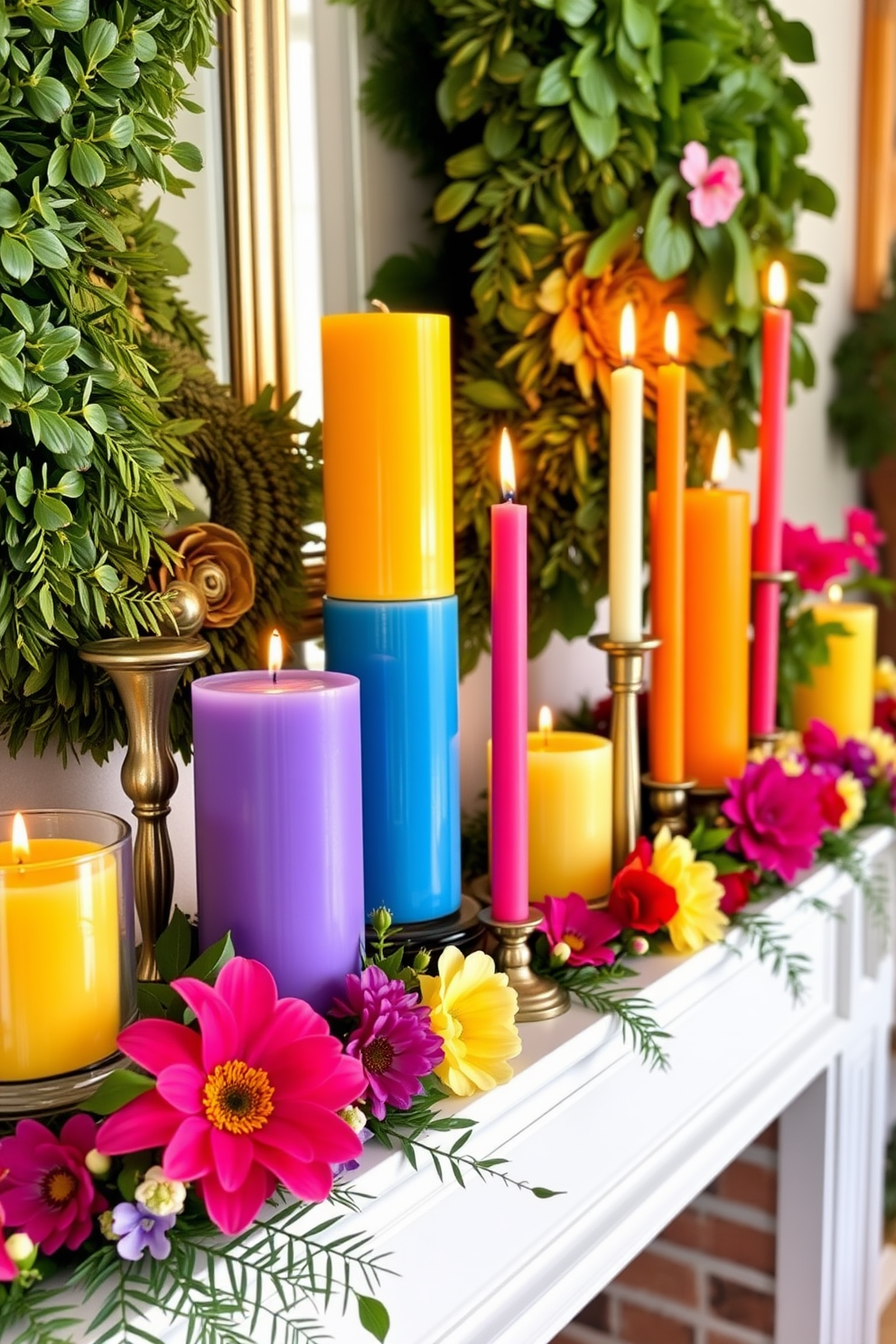 Brightly colored candles in varied heights are arranged on a summer-themed mantel. The mantel is adorned with lush greenery and vibrant floral accents that complement the candles beautifully.