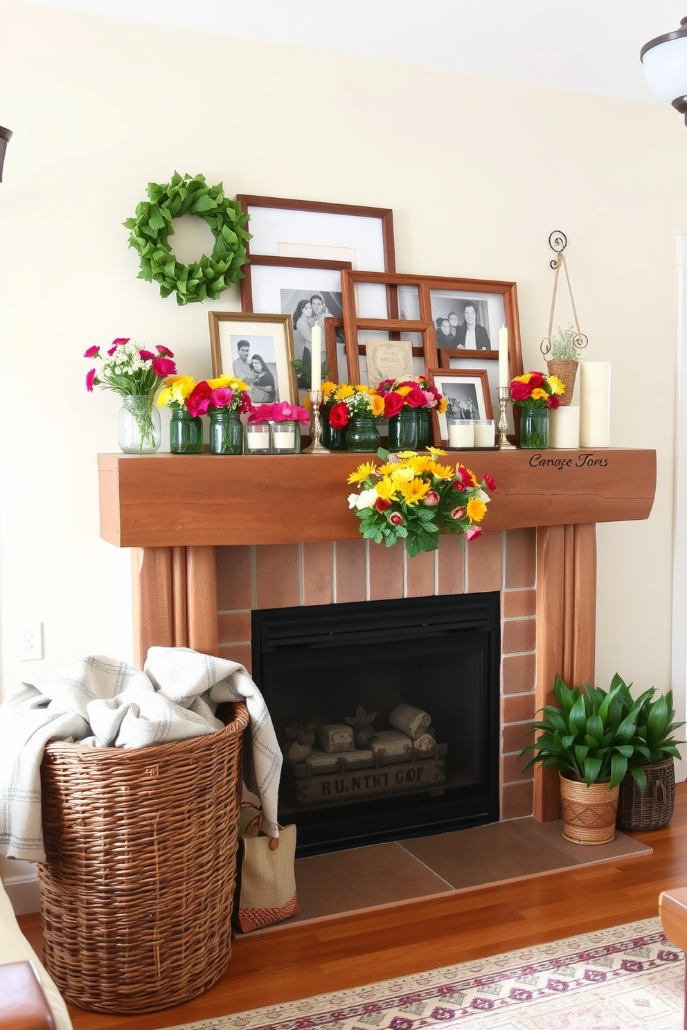 A cozy living room with a rustic charm featuring a natural wood mantel adorned with seasonal summer decorations. The mantel showcases a collection of vibrant flowers in mason jars alongside framed family photos and a few carefully placed candles for a warm ambiance. The walls are painted in a soft cream color, complementing the rich tones of the wood. A woven basket filled with fresh blankets sits nearby, inviting relaxation and comfort in the space.