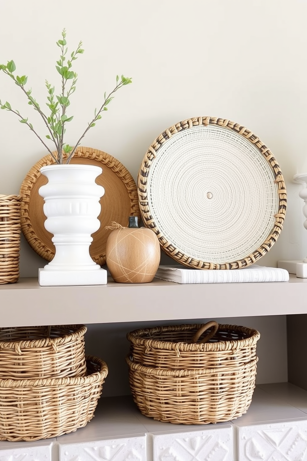 Layered textures create a warm and inviting summer mantel. Incorporate woven baskets of various sizes to add depth and interest to the design.