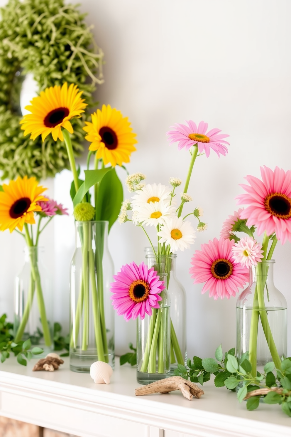 A bright and airy summer mantel adorned with glass vases filled with seasonal blooms. The vases, varying in height and shape, showcase vibrant flowers like sunflowers and daisies, bringing a cheerful touch to the space. Soft green foliage complements the colorful blooms, creating a fresh and inviting atmosphere. Natural elements like driftwood and seashells are scattered around the mantel, enhancing the summer theme.