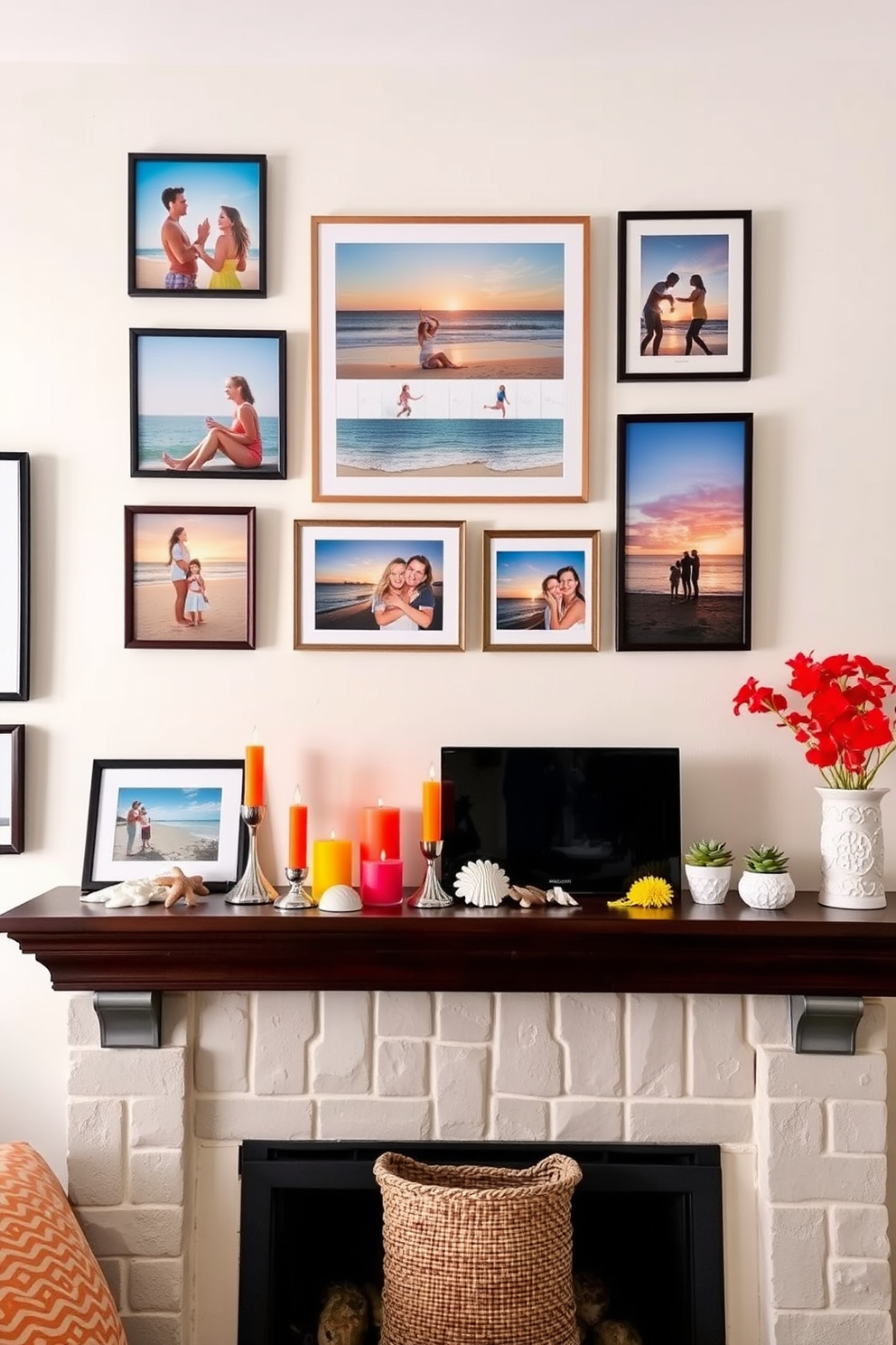 A cozy living room adorned with framed summer vacation photos. The pictures capture joyful moments at the beach and vibrant sunsets, displayed in a gallery-style arrangement on a light-colored wall. The mantel is decorated with a mix of seasonal elements for summer. Brightly colored candles, seashells, and small potted succulents create a cheerful and inviting atmosphere.