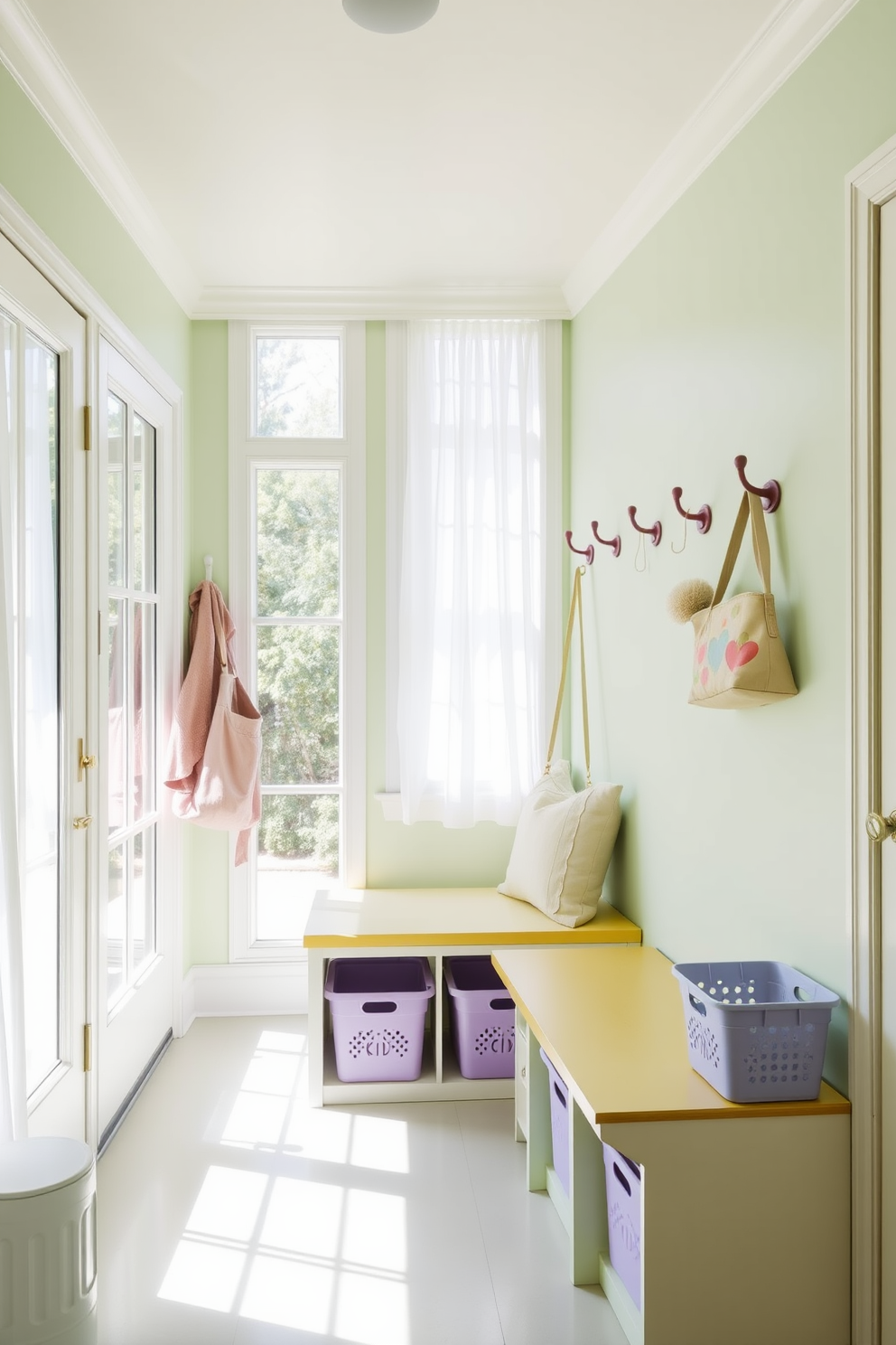 A bright and airy mudroom featuring pastel colored accents throughout the space. The walls are painted in a soft mint green, while the furniture includes a light yellow bench and lavender storage bins. Natural light floods in through large windows adorned with sheer white curtains. A collection of pastel-colored hooks line the wall, perfect for hanging bags and jackets, creating an inviting and cheerful atmosphere.