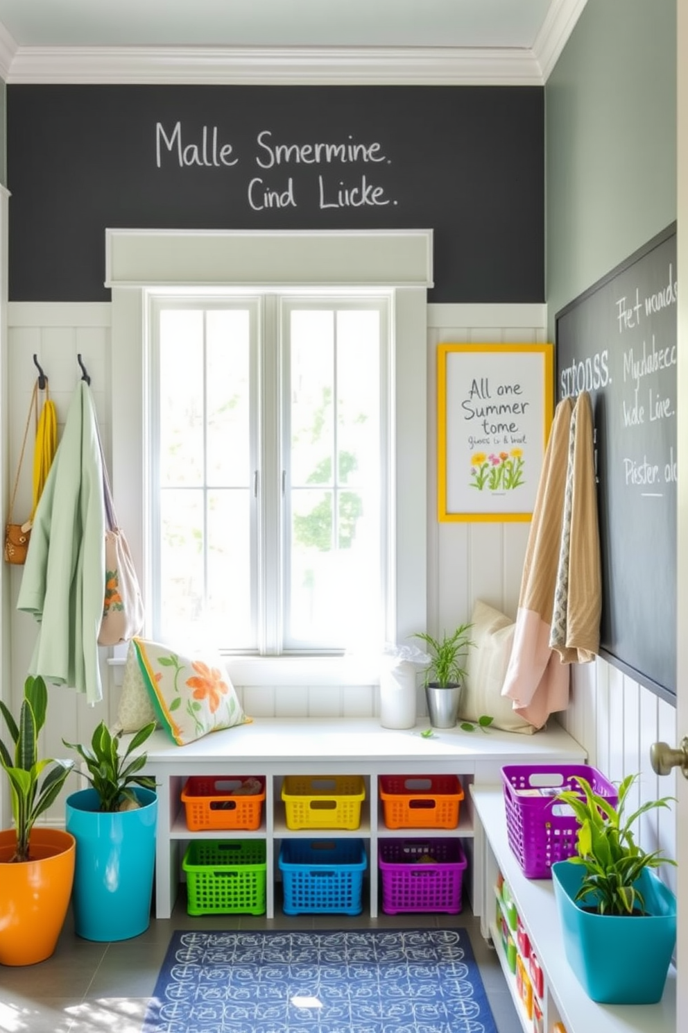 A bright and airy mudroom with a chalkboard wall for messages. The space features a bench with storage underneath, surrounded by hooks for coats and bags, and colorful baskets for organization. Natural light floods in from a nearby window, illuminating the cheerful decor. Potted plants and summer-themed artwork add a refreshing touch to the overall design.