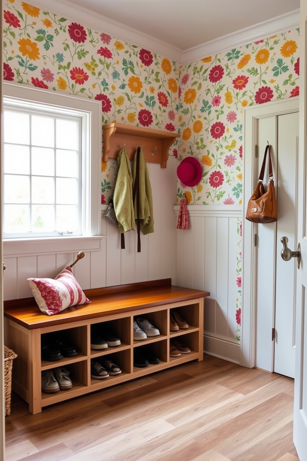 A bright and cheerful mudroom features a fun wallpaper design with colorful floral patterns that instantly uplift the space. The room includes a sturdy wooden bench with ample storage underneath for shoes and outdoor gear. On one side, there is a set of hooks for hanging jackets and bags, while a large window allows natural light to flood in. The flooring is a durable tile that mimics wood, providing both style and practicality for this busy area.