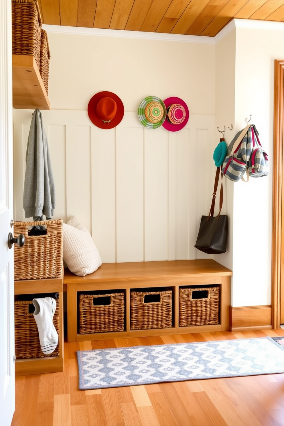 A bright and airy mudroom features a combination of natural wood and woven baskets for storage. The walls are painted in a soft pastel hue, while a patterned area rug adds warmth underfoot. A bench with plush cushions sits against one wall, providing a cozy spot to sit and remove shoes. Decorative hooks line the opposite wall, displaying colorful hats and bags, creating a welcoming and functional space.