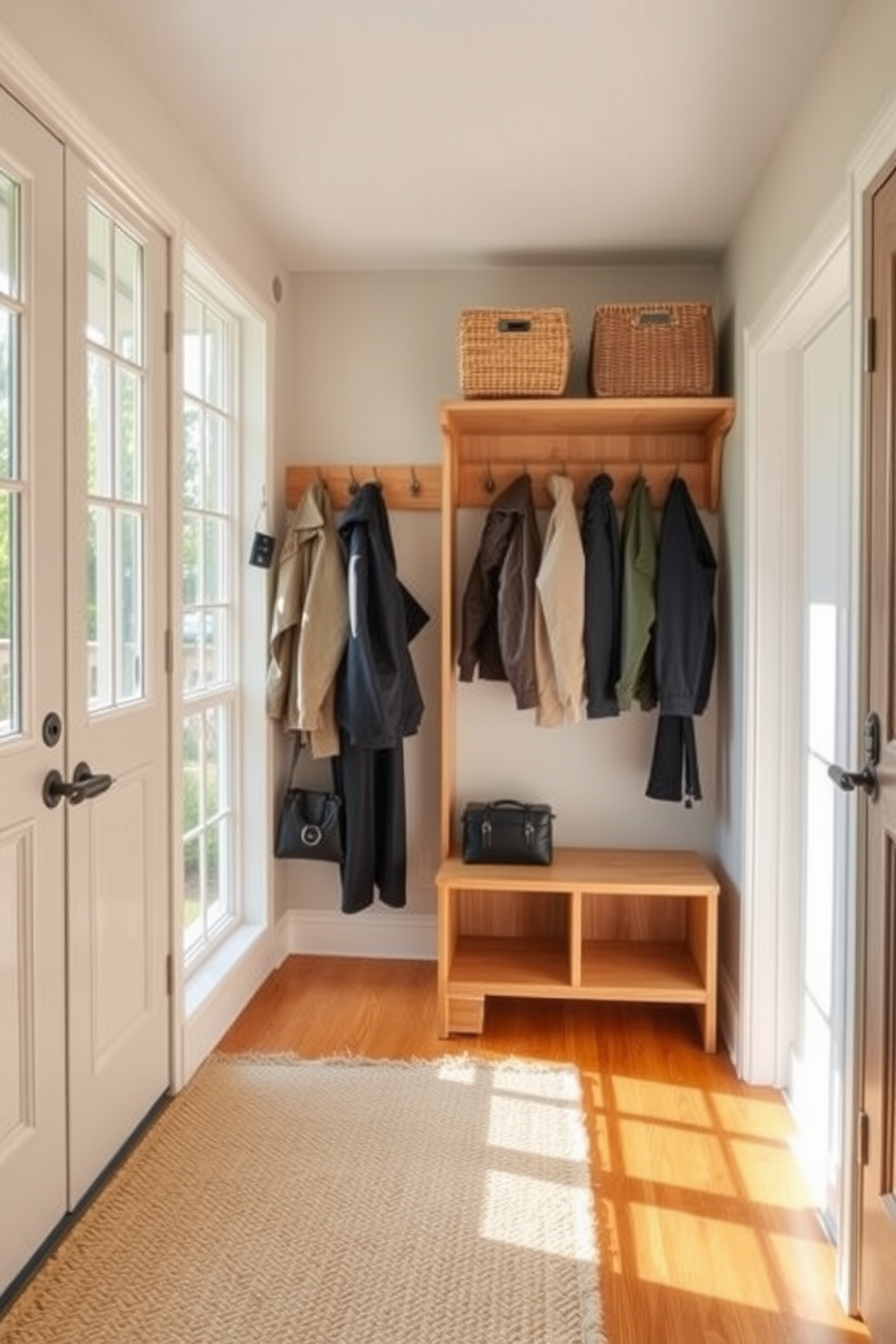 A stylish mudroom featuring a sleek coat rack made of natural wood, elegantly designed to hold an array of jackets and accessories. The space is brightened by large windows, allowing sunlight to flood in and highlighting the warm tones of the wooden flooring. The walls are painted in a soft, inviting pastel hue, creating a calming atmosphere. A woven rug in neutral tones lies beneath the coat rack, adding texture and comfort to the space while complementing the overall decor.