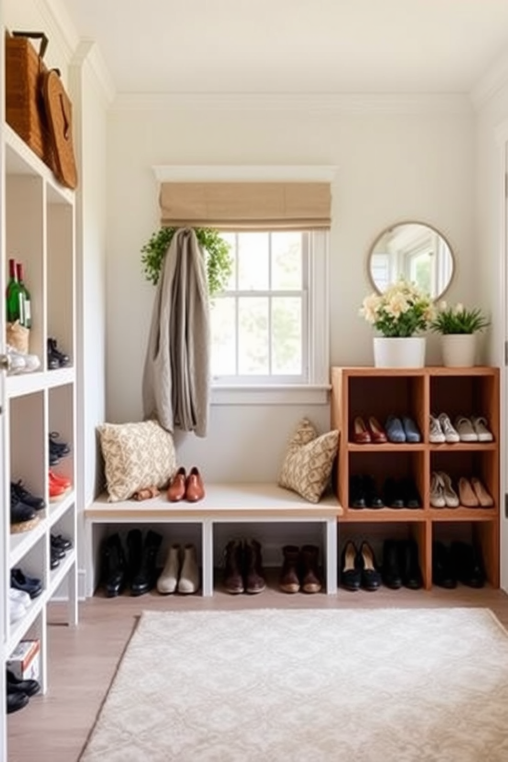 A functional shoe storage solution featuring a built-in bench with ample space underneath for shoes. The bench is complemented by a series of open cubbies on one side, each filled with neatly organized footwear. A bright and airy summer mudroom decorated with light-colored walls and cheerful accents. A large window allows natural light to flood the space, while a patterned rug adds a touch of warmth and style.