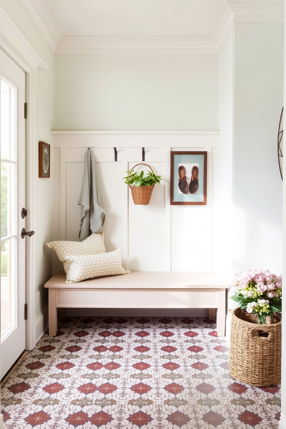 A charming summer mudroom featuring a small bench for seating. The walls are painted in a light pastel color, and the floor is adorned with a durable, patterned tile that complements the overall aesthetic.