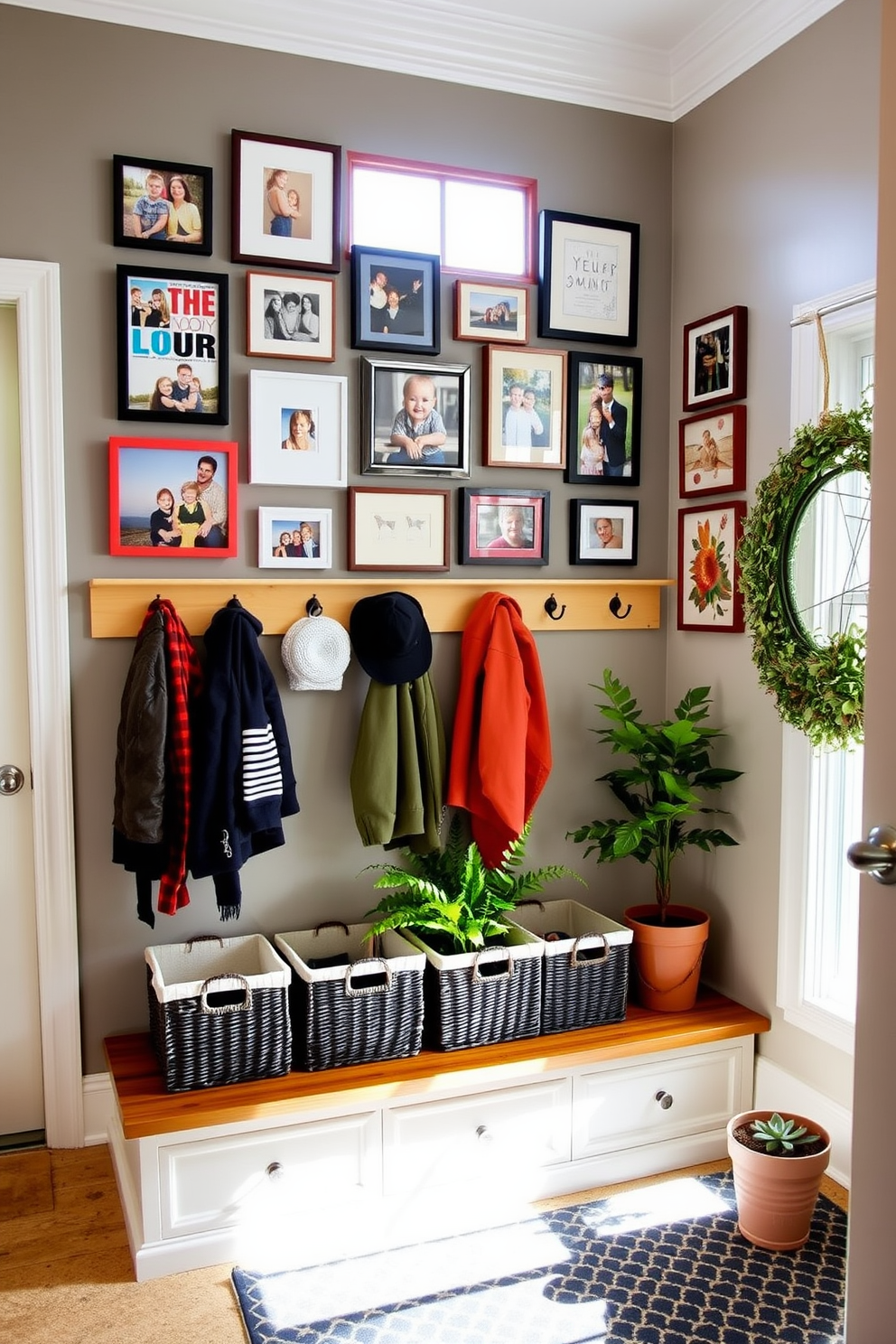 A stylish mudroom features a gallery wall adorned with a mix of framed family photos and colorful artwork. Below the wall, a wooden bench with storage baskets offers a functional yet aesthetic touch, while hooks above hold seasonal jackets and hats. The space is brightened by natural light streaming through a nearby window, illuminating the cheerful decor. Fresh greenery in decorative pots adds a lively element to this welcoming entryway.