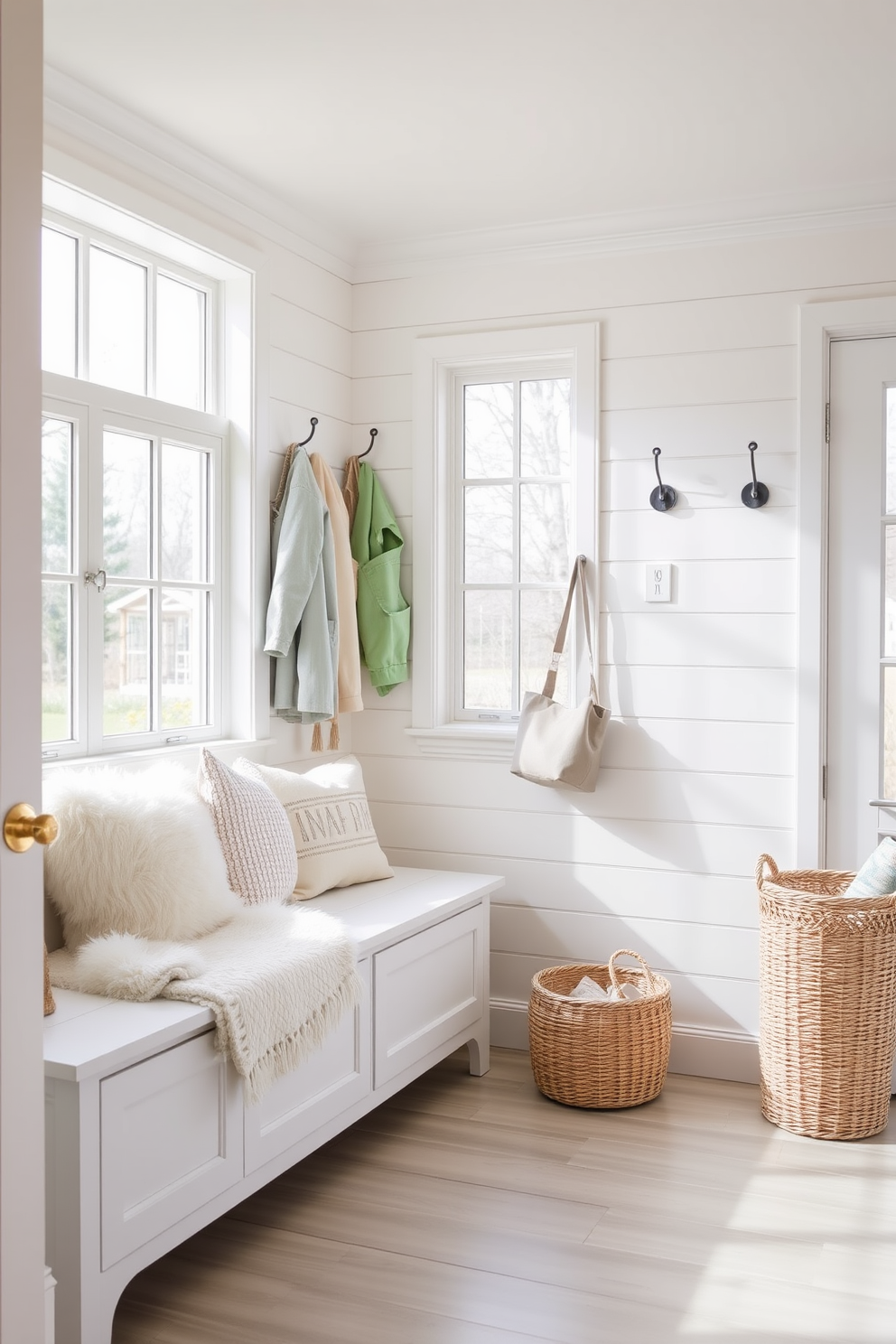 A bright and airy mudroom featuring a light color palette with soft whites and pale blues. The space includes a built-in bench with storage underneath, adorned with fluffy cushions and a light throw blanket. Natural light floods in through large windows, illuminating the shiplap walls painted in a creamy white. Decorative hooks line the wall, holding pastel-colored jackets and bags, while a woven basket sits in the corner for shoes.