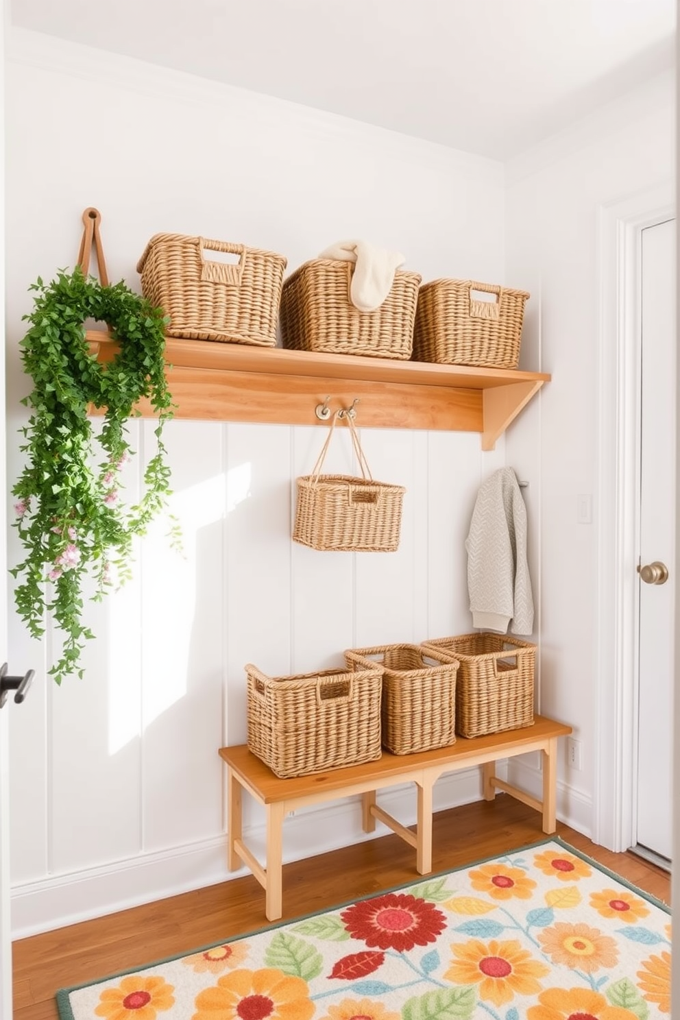 A bright and airy mudroom features natural woven baskets arranged on a wooden shelf for stylish storage solutions. The walls are painted in a soft white, and a cheerful summer-themed rug adds a pop of color to the space.