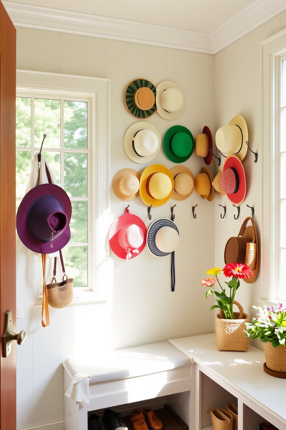 A charming summer mudroom features a wall adorned with an array of colorful summer hats, each displayed on elegant hooks. The space is brightened by natural light streaming in through a large window, creating an inviting atmosphere. The mudroom is designed with a practical bench for seating and storage underneath, perfect for stowing away shoes and outdoor gear. The walls are painted in a soft, airy hue, complemented by cheerful accents like woven baskets and vibrant potted plants.