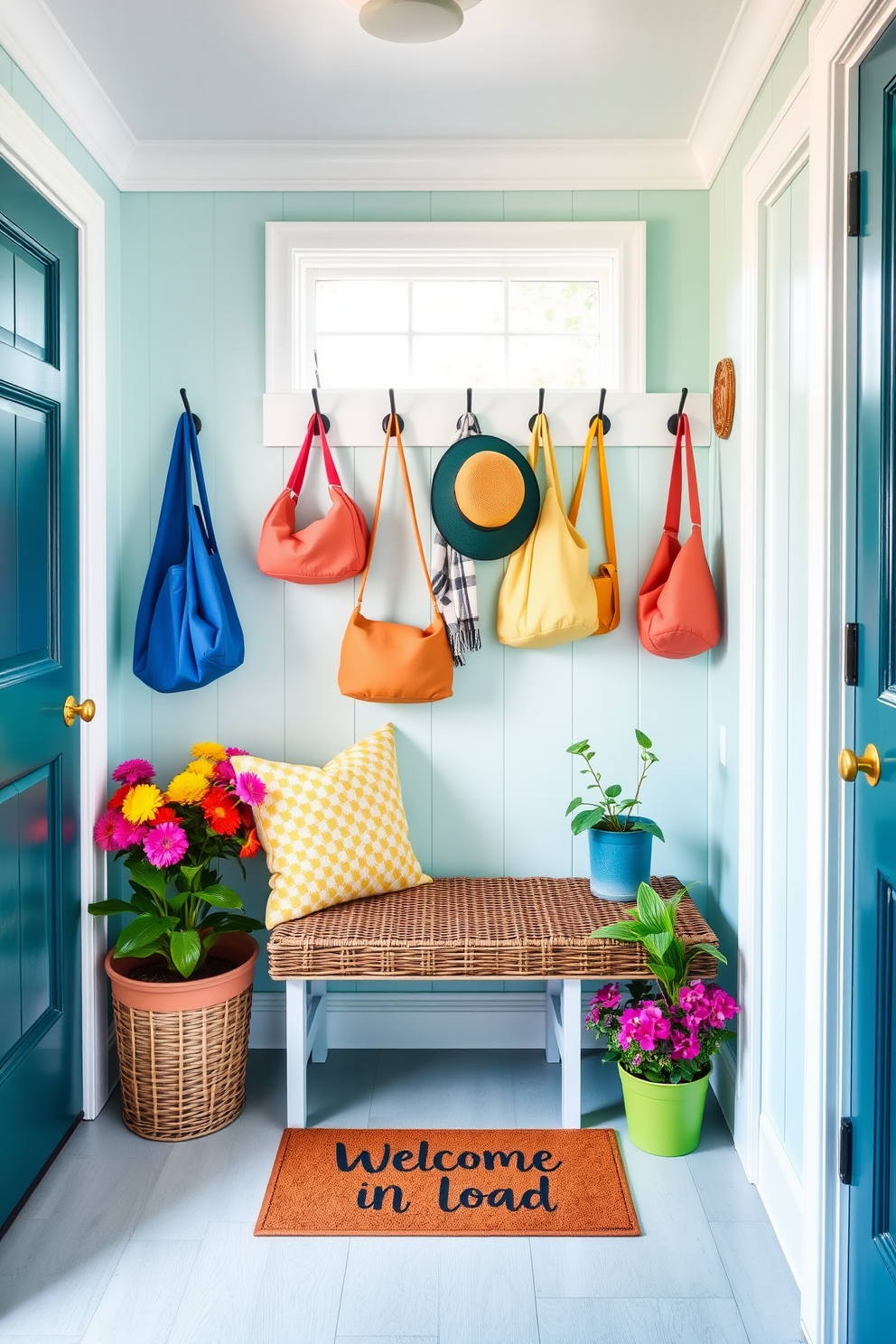 A bright and cheerful mudroom filled with summer vibes. The walls are painted in a light sky blue, and there are hooks for hanging colorful bags and hats. A playful doormat with a fun saying welcomes guests at the entrance. Potted plants in vibrant colors sit beside a wicker bench, adding a touch of nature to the space.