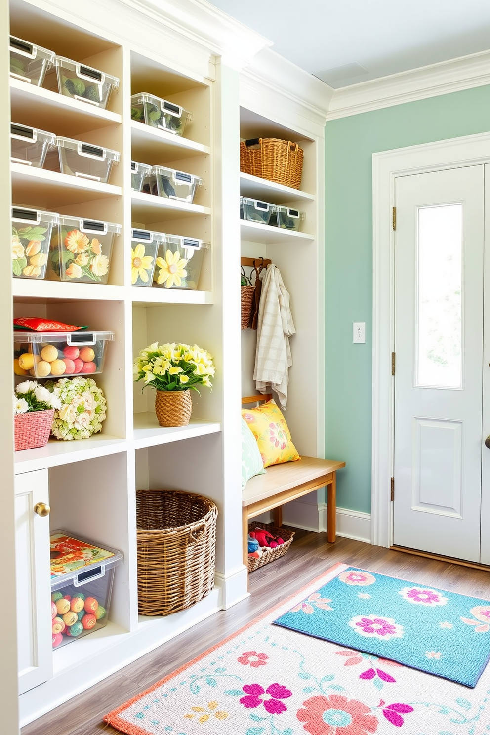 A bright and airy mudroom features clear bins neatly arranged on open shelving for easy organization. The space is adorned with vibrant summer decor, including colorful throw pillows and a cheerful rug that welcomes guests.