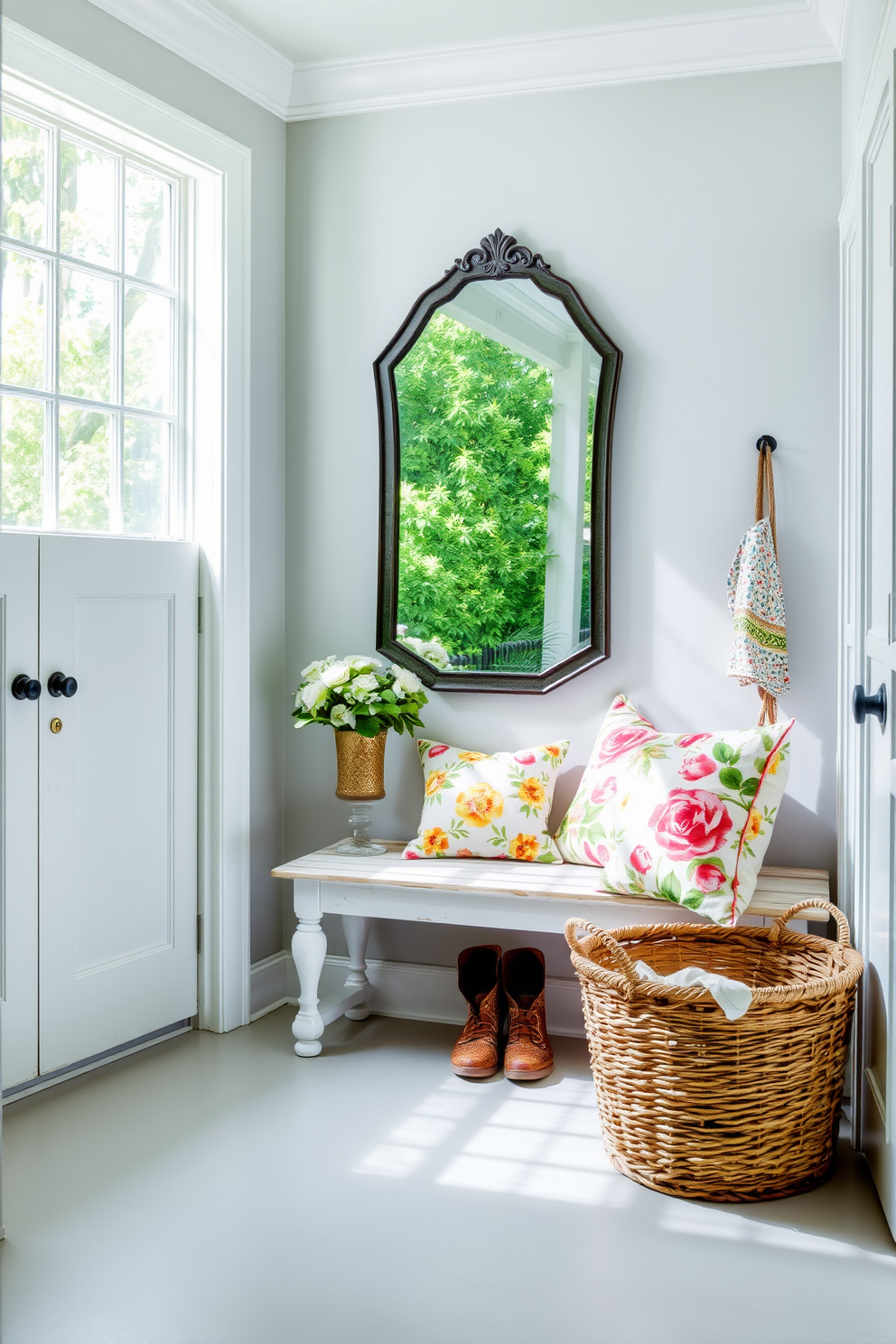 A bright and airy mudroom filled with natural light. The space features a large window that allows sunlight to pour in, illuminating the light gray walls and whitewashed wooden bench. A stylish mirror hangs above a rustic console table, reflecting the vibrant greenery from outside. Colorful summer decor, such as floral cushions and a woven basket for shoes, adds a cheerful touch to the space.