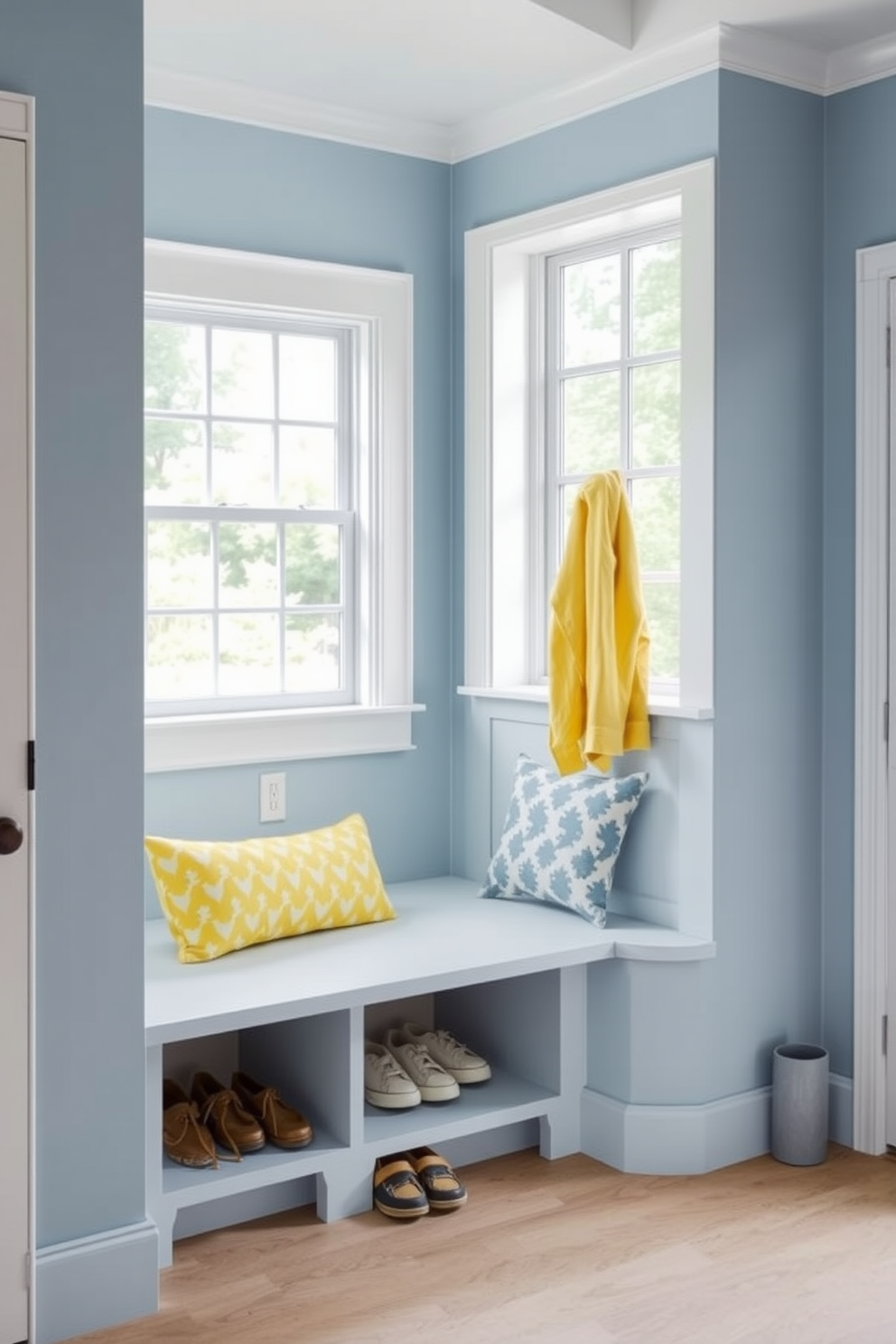 A bright and airy summer mudroom features a built-in bench with storage underneath, perfect for keeping shoes and outdoor gear organized. The walls are painted in a soft blue hue, complemented by cheerful yellow accents and a large window that allows natural light to flood the space.