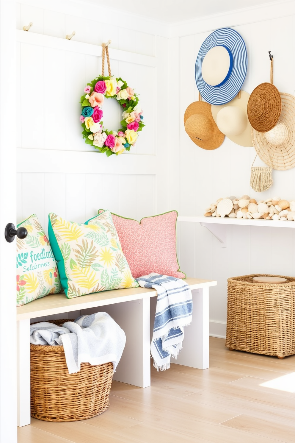 A bright and airy mudroom features a light wood bench with colorful summer cushions and a woven basket filled with beach towels. Seasonal decorations include a vibrant floral wreath on the door and hanging sun hats alongside a collection of seashells displayed on a shelf.