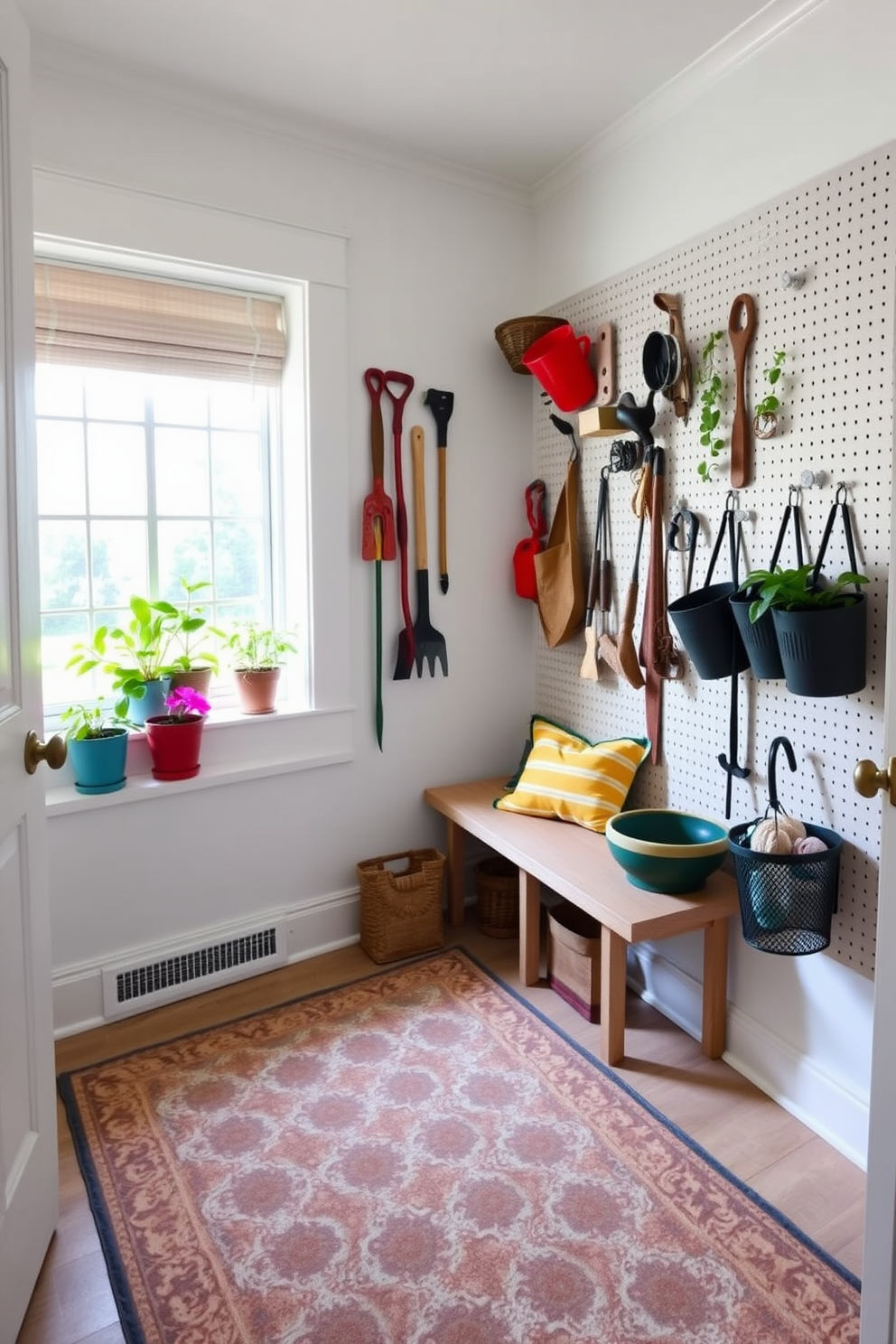 A bright and airy mudroom features a large pegboard on one wall, showcasing an organized array of gardening tools and accessories. The floor is covered with a durable, patterned rug that adds a touch of warmth, while the walls are painted in a soft, welcoming white. Natural light floods the space through a nearby window, illuminating a cozy bench with colorful cushions. Potted plants sit on the windowsill, bringing a fresh, vibrant feel to the room, perfect for summer decorating.