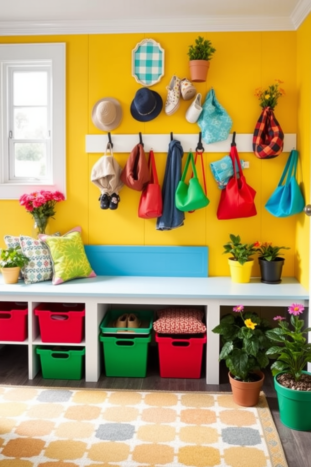 A vibrant mudroom with bright yellow walls and a playful blue bench. Colorful storage bins in red and green are neatly arranged, while a cheerful rug with a geometric pattern lies on the floor. A collection of fun wall hooks in various shapes holds colorful hats and bags. Potted plants with lively blooms add a fresh touch, creating an inviting and energetic atmosphere.