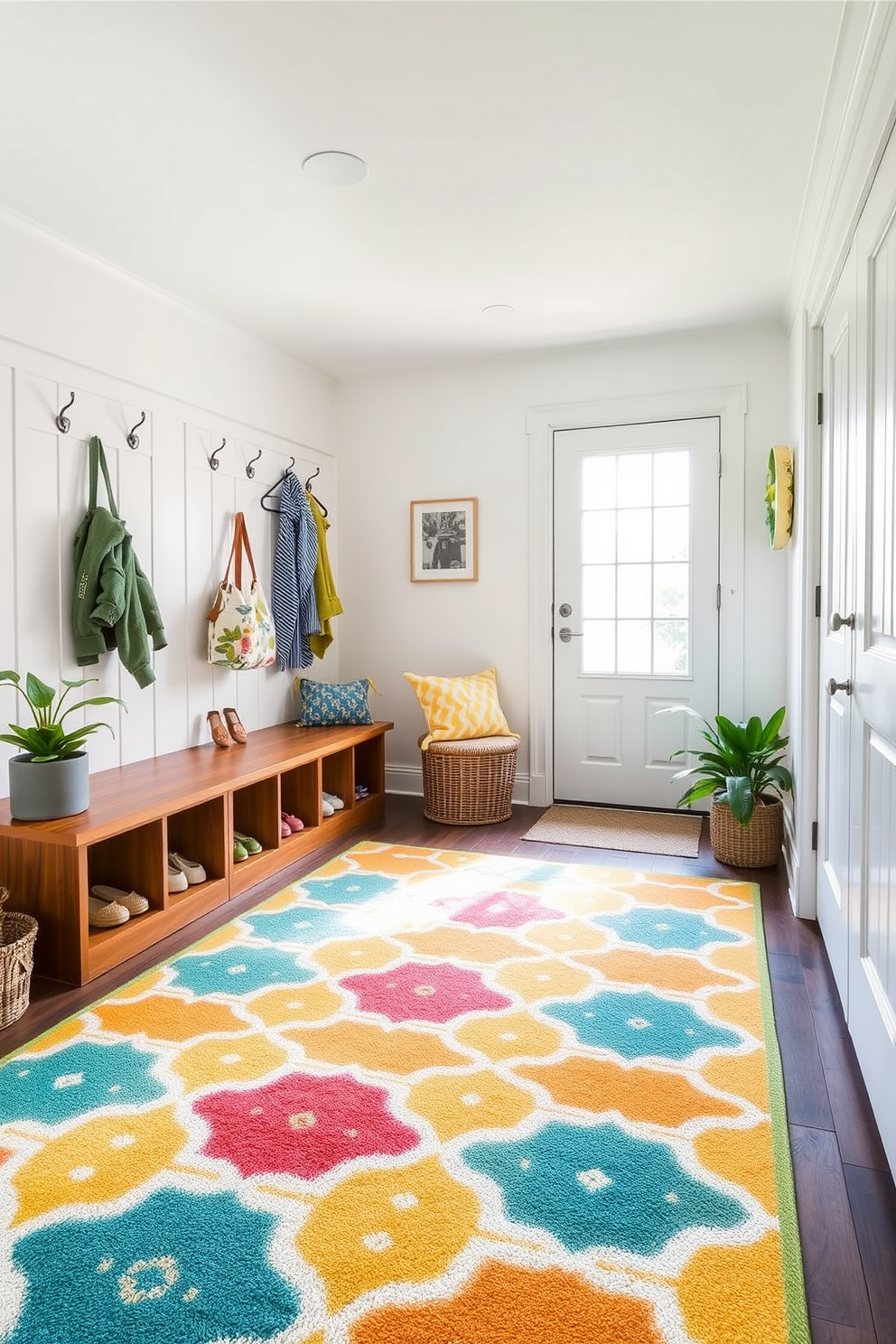 A bright and airy mudroom features a large statement rug with a vibrant geometric pattern that adds a pop of color to the space. The walls are painted in a soft white, and natural light floods in through a large window, illuminating the room's stylish storage solutions. On the left, a wooden bench with built-in cubbies offers a practical place to sit and store shoes, while above it, hooks are mounted for hanging jackets and bags. Potted plants in the corners add a touch of greenery, enhancing the inviting atmosphere of this summer-inspired mudroom.