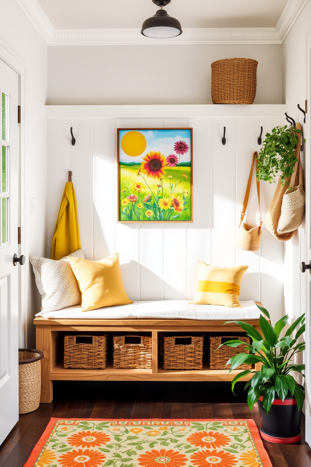 A bright and airy mudroom features a bench made of reclaimed wood with soft cushions for comfort. The walls are adorned with vibrant summer-themed artwork depicting sunny landscapes and blooming flowers, creating an inviting atmosphere. Incorporate storage solutions such as woven baskets and hooks for hanging bags and hats. A patterned rug adds a pop of color to the floor, while potted plants bring life and freshness to the space.