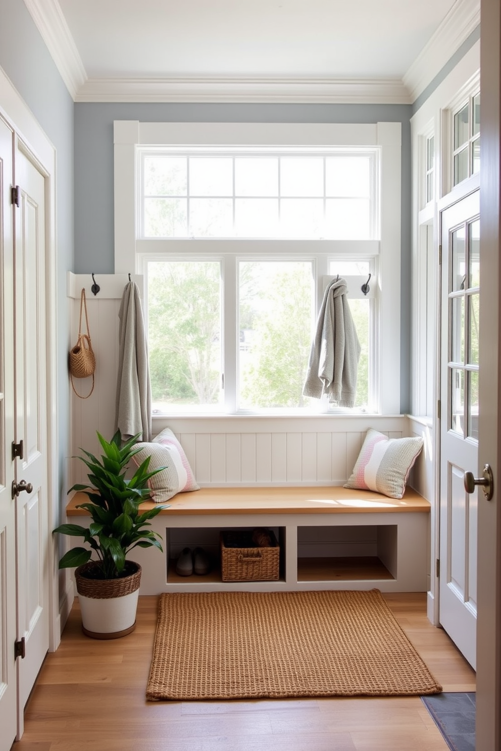 A bright and inviting mudroom with light wood tones that create a warm atmosphere. The space features built-in benches with soft cushions and hooks for hanging coats, all designed in a fresh and airy style. Natural light floods the room through large windows, illuminating the pale blue walls and white trim. A woven rug adds texture underfoot, while potted plants bring a touch of greenery to the decor.